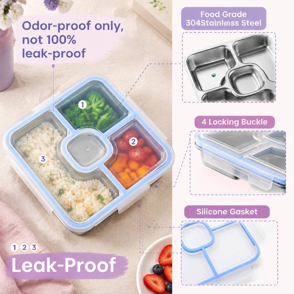 Lot de 2 Boîtes Repas Acier Inoxydable 4 Compartiments - Image 3