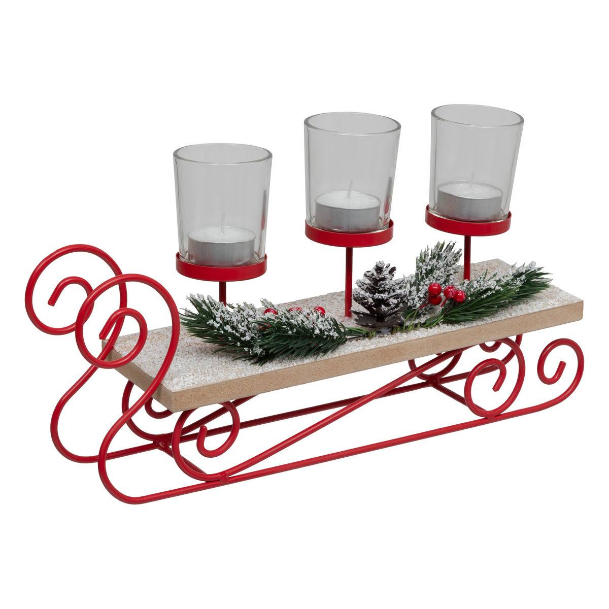 Fééric Lights & Christmas - Bougeoir 3 Photophores Luge avec déco Houx L 35 cm - Imagen 1