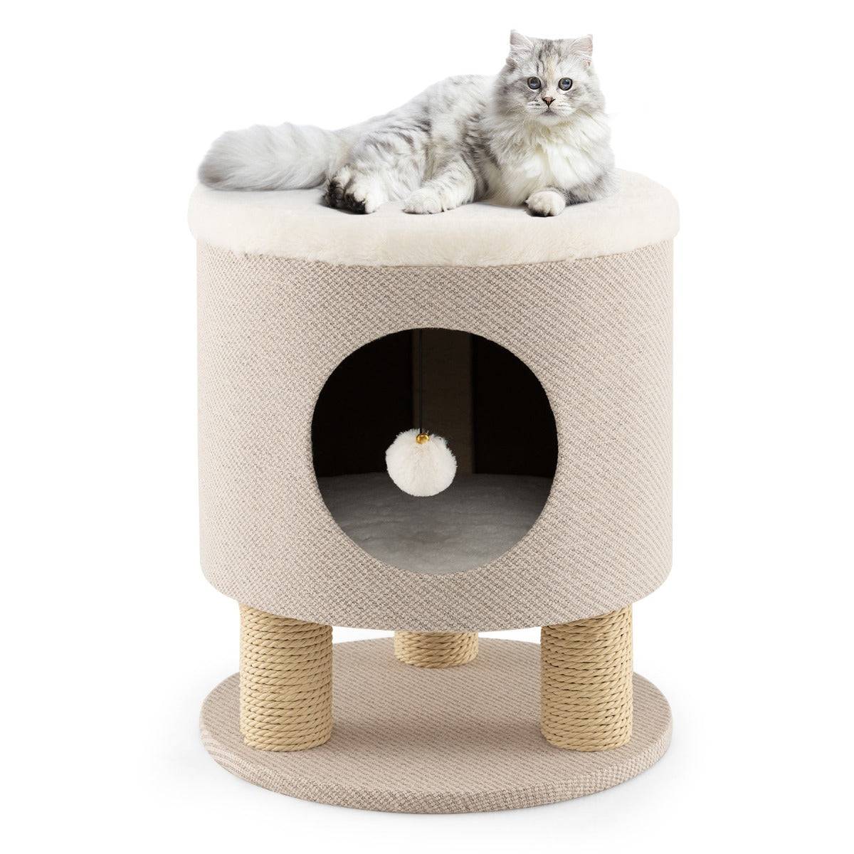 Helloshop26 - Arbre à chat 47 cm avec condo et poteaux griffoir charge 60 kg tour de jeux pour chats avec balle en peluche beige - Imagen 1