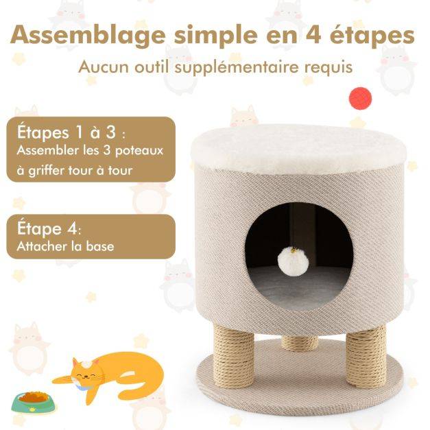 Helloshop26 - Arbre à chat 47 cm avec condo et poteaux griffoir charge 60 kg tour de jeux pour chats avec balle en peluche beige - Imagen 2