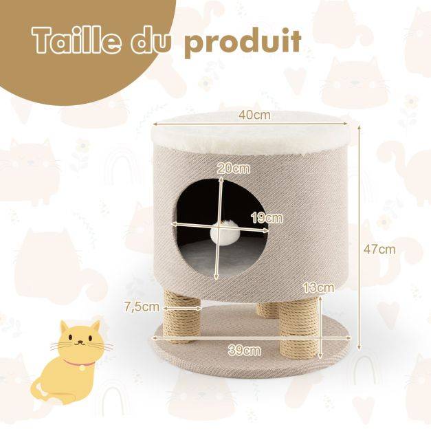 Helloshop26 - Arbre à chat 47 cm avec condo et poteaux griffoir charge 60 kg tour de jeux pour chats avec balle en peluche beige - Imagen 3