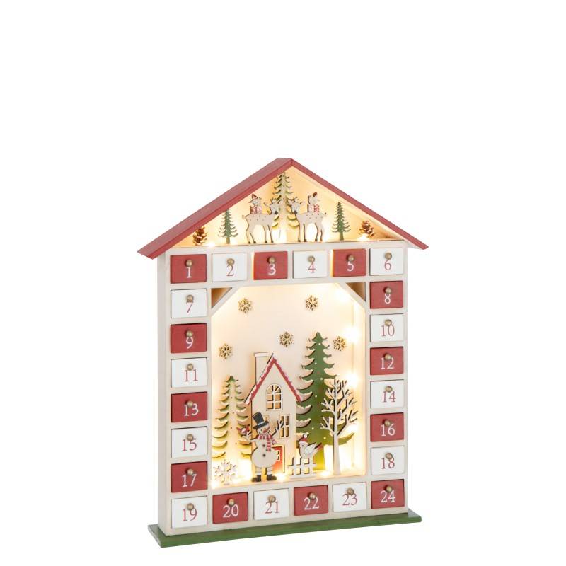Calendrier de l'Avent maison avec led en bois blanc 31x7x40 cm - J-Line - Image 1