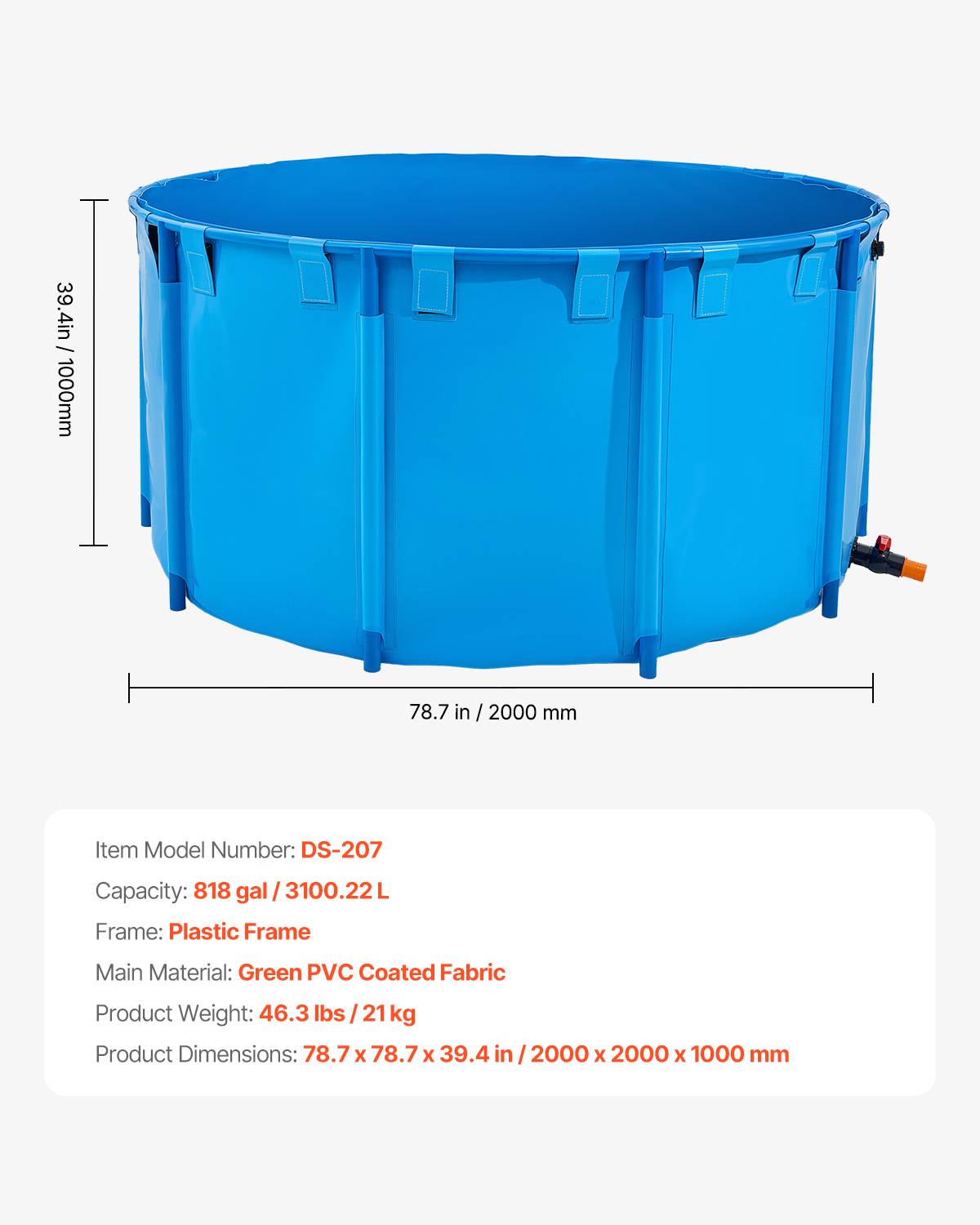 Vevor - VEVOR Bassin à poissons hors sol 3100 L, toile PVC 0,9 mm, cadre plastique stable, vanne de vidange incluse - Image 6