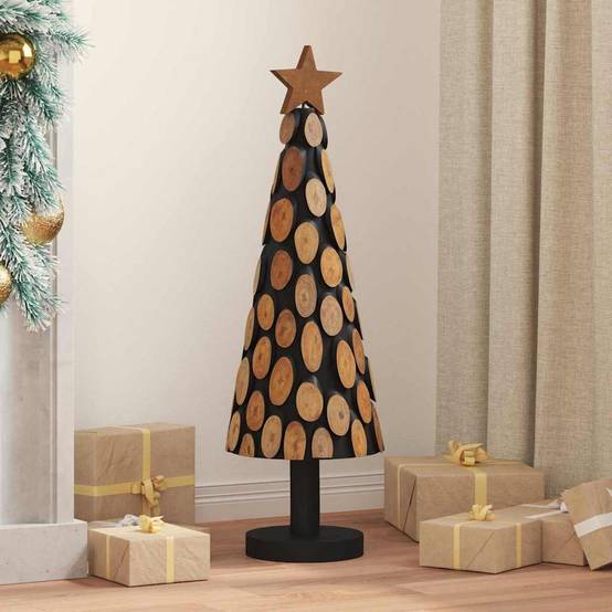 Sapin de Noël en bois de teck massif décoratif pour intérieur Marron 90 cm – ComfortXL Outdoor Living - Image 1