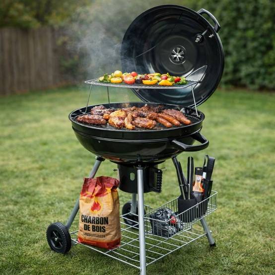 Barbecue à Charbon de Bois Ø54cm Double Grille Cuisson & Couvercle Thermostat Bac à cendres, Barbecue sur roues avec rangement - Image 4