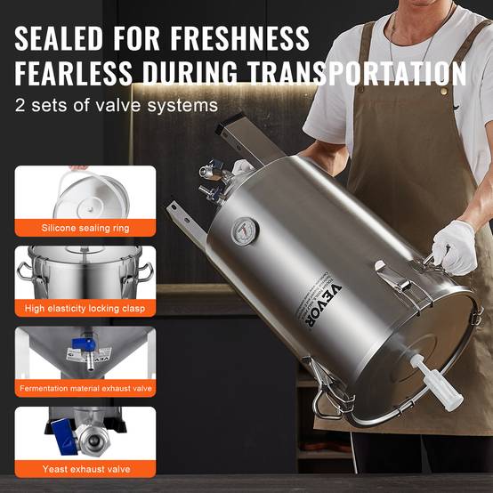 VEVOR Cuve brassage bière inox 304, 30L, avec base, couvercle, robinet, thermomètre, pour brasseur maison. - Image 3