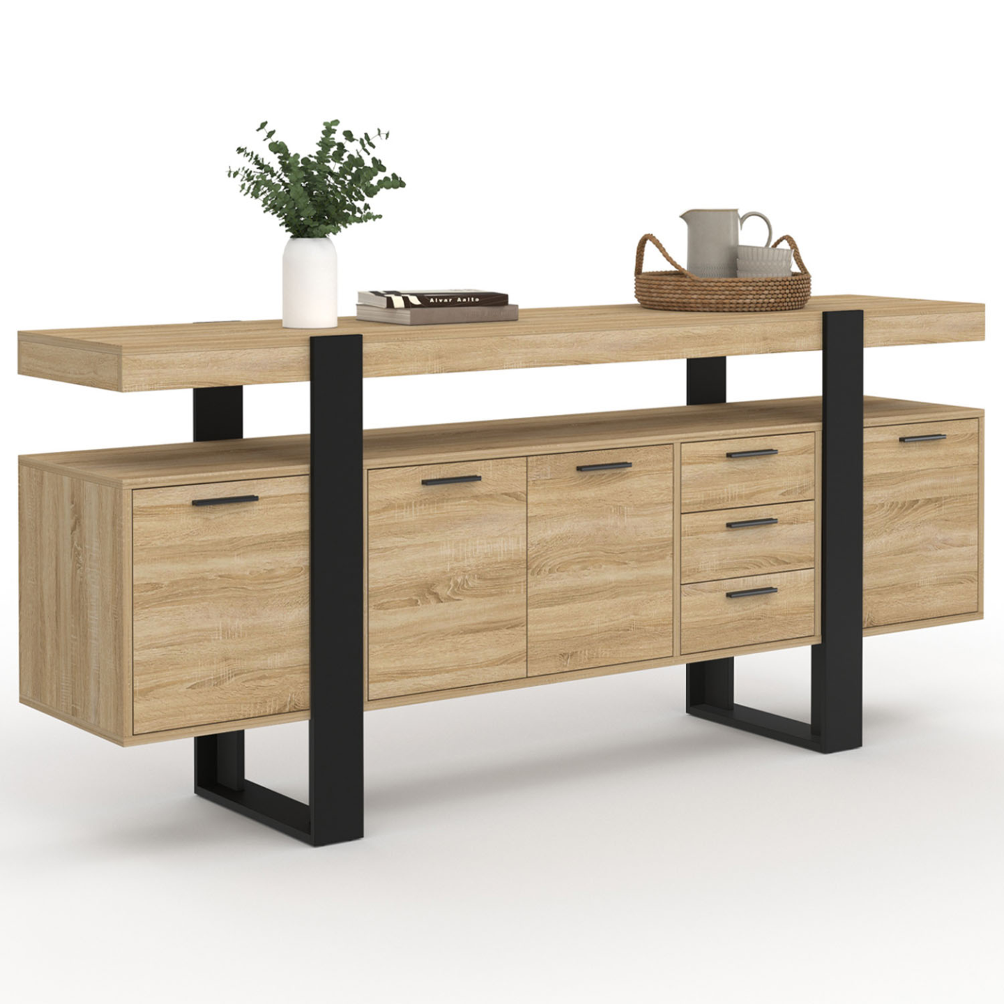 Buffet 180 cm PHOENIX XXL 4 portes avec 3 tiroirs bois et noir - Image 2