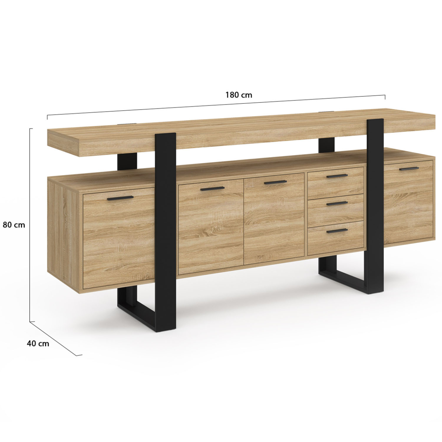 Buffet 180 cm PHOENIX XXL 4 portes avec 3 tiroirs bois et noir - Image 5