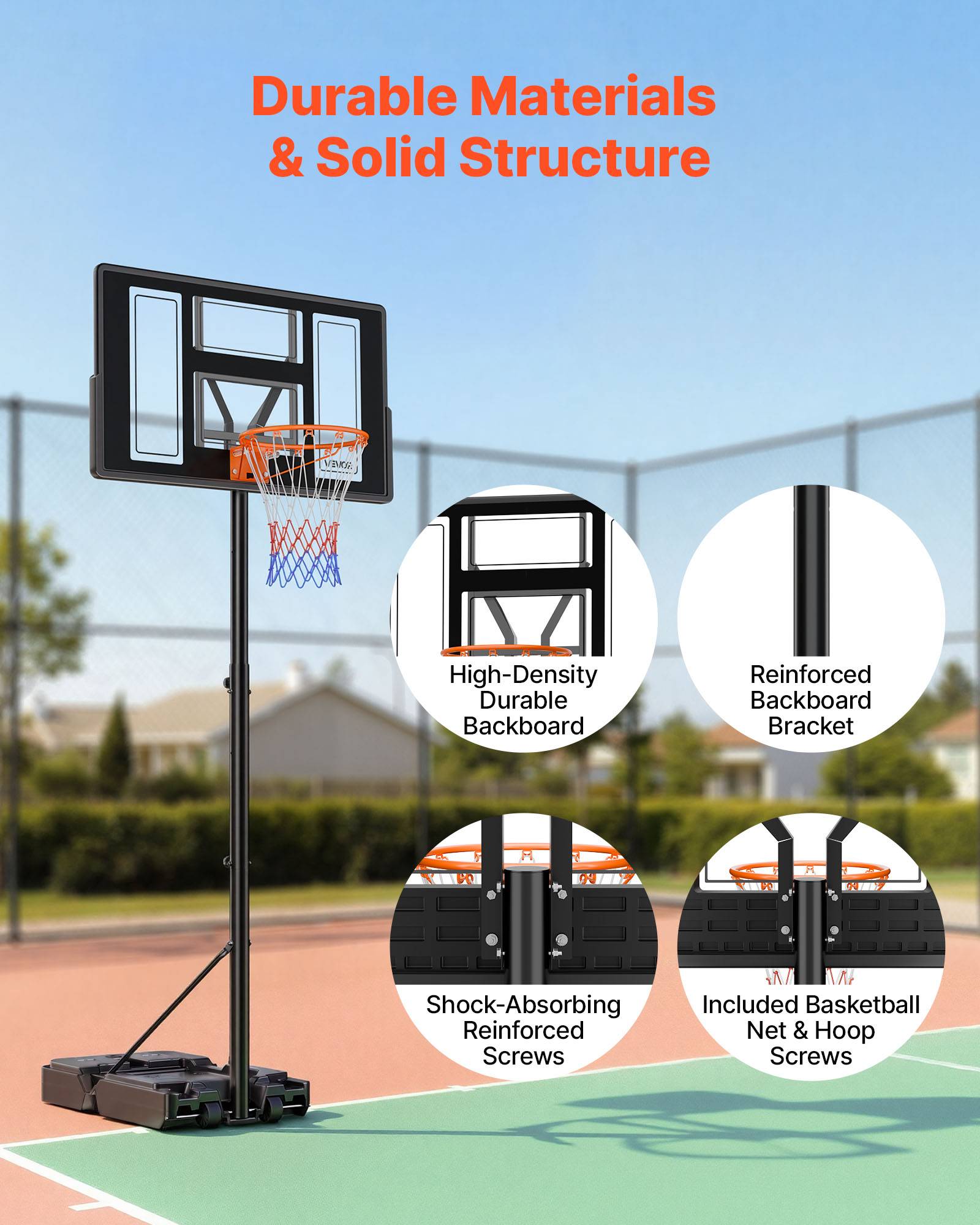 Vevor - VEVOR Panier de basket portable réglable 1,35–3,05 m, panneau PC 44", base remplissable, roulettes frein, pour intérieur et extérieur. - Image 4