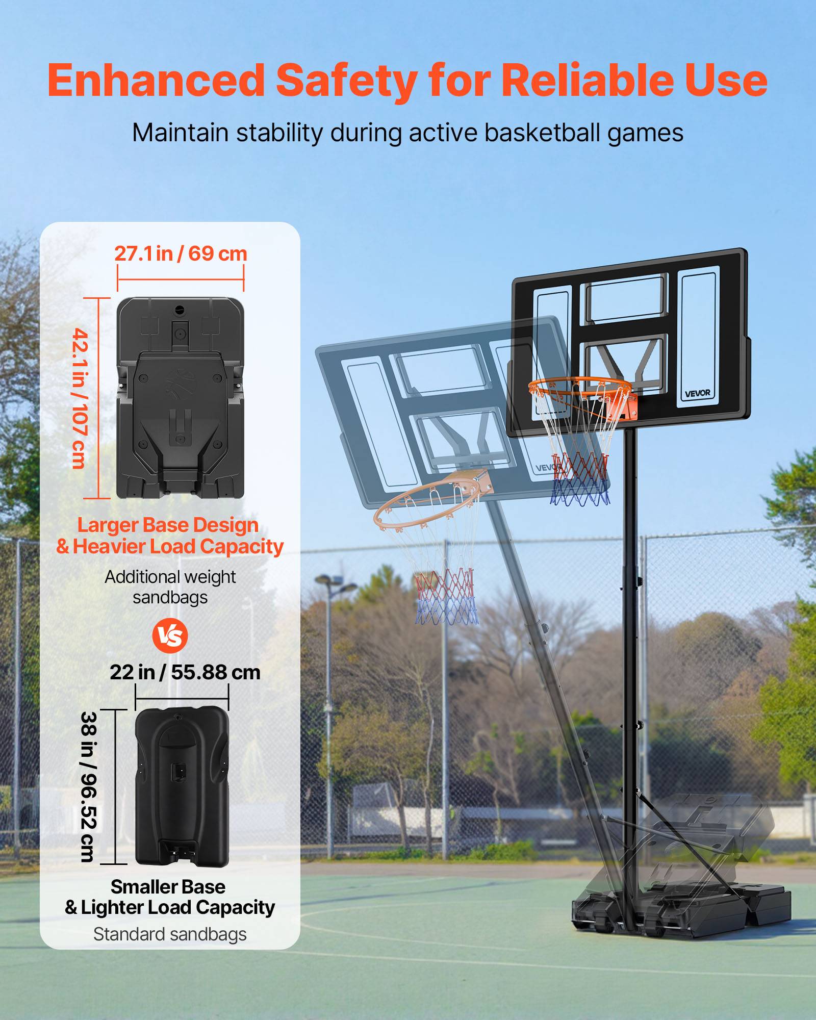 Vevor - VEVOR Panier de basket portable réglable 1,35–3,05 m, panneau PC 44", base remplissable, roulettes frein, pour intérieur et extérieur. - Image 3