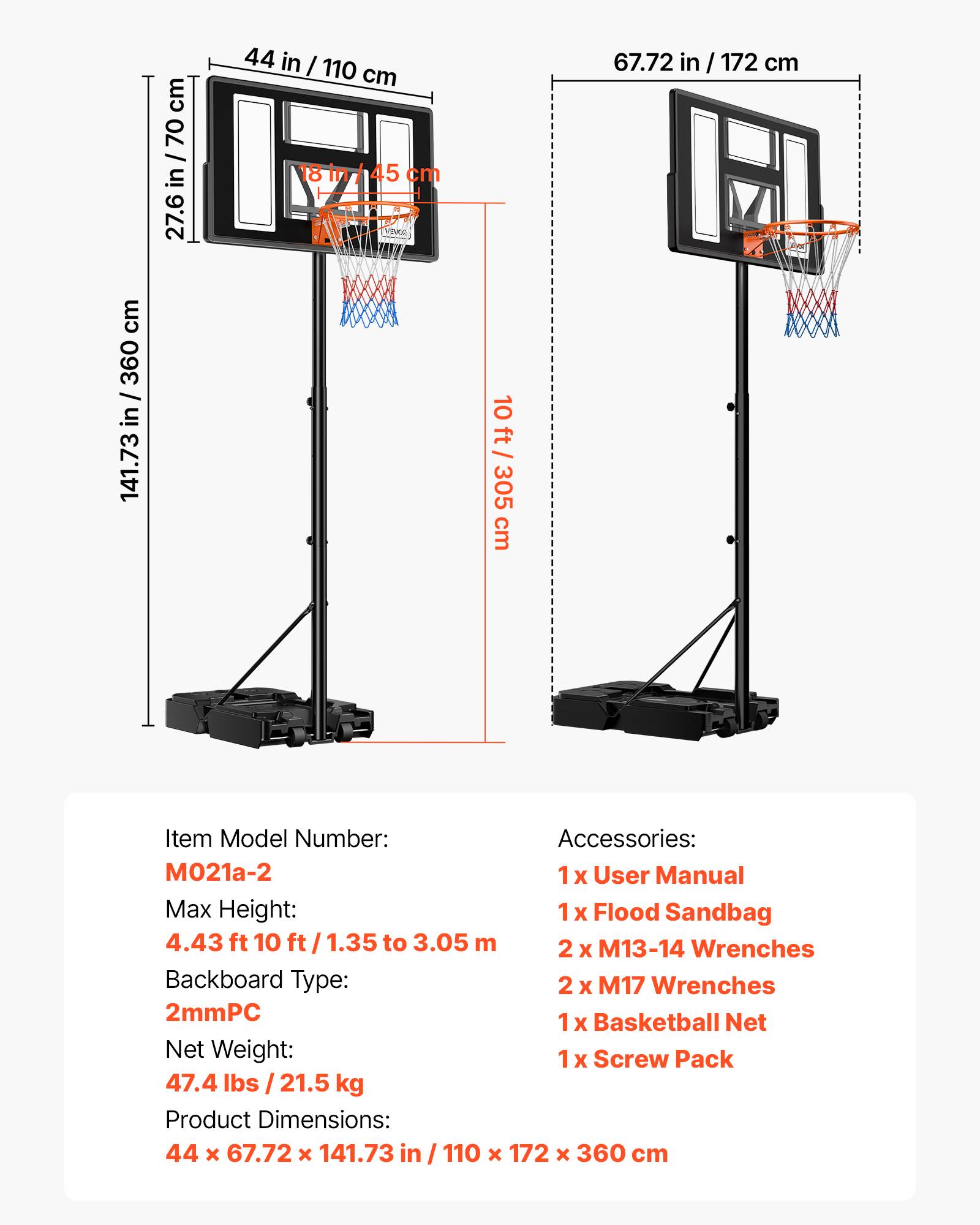 Vevor - VEVOR Panier de basket portable réglable 1,35–3,05 m, panneau PC 44", base remplissable, roulettes frein, pour intérieur et extérieur. - Image 6