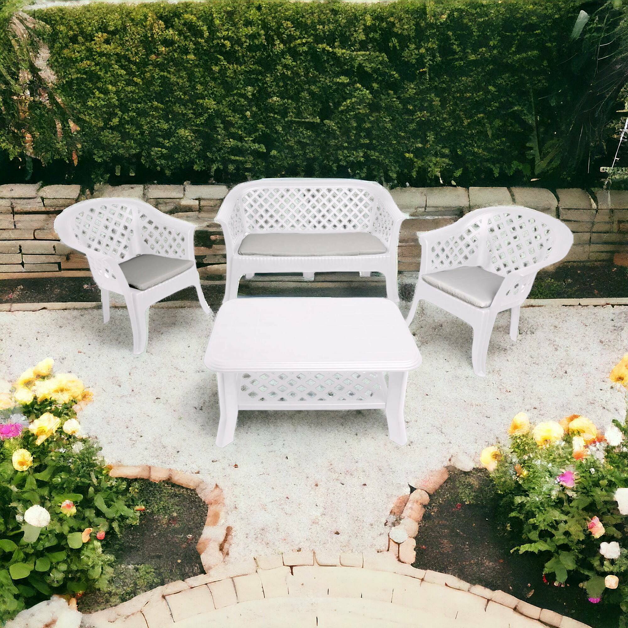 Dmora - Salon d'extérieur Dante, Composition de jardin avec 2 fauteuils, 1 banc et 1 table basse, Salon intérieur et extérieur, Blanc - Dmora - Imagen 2