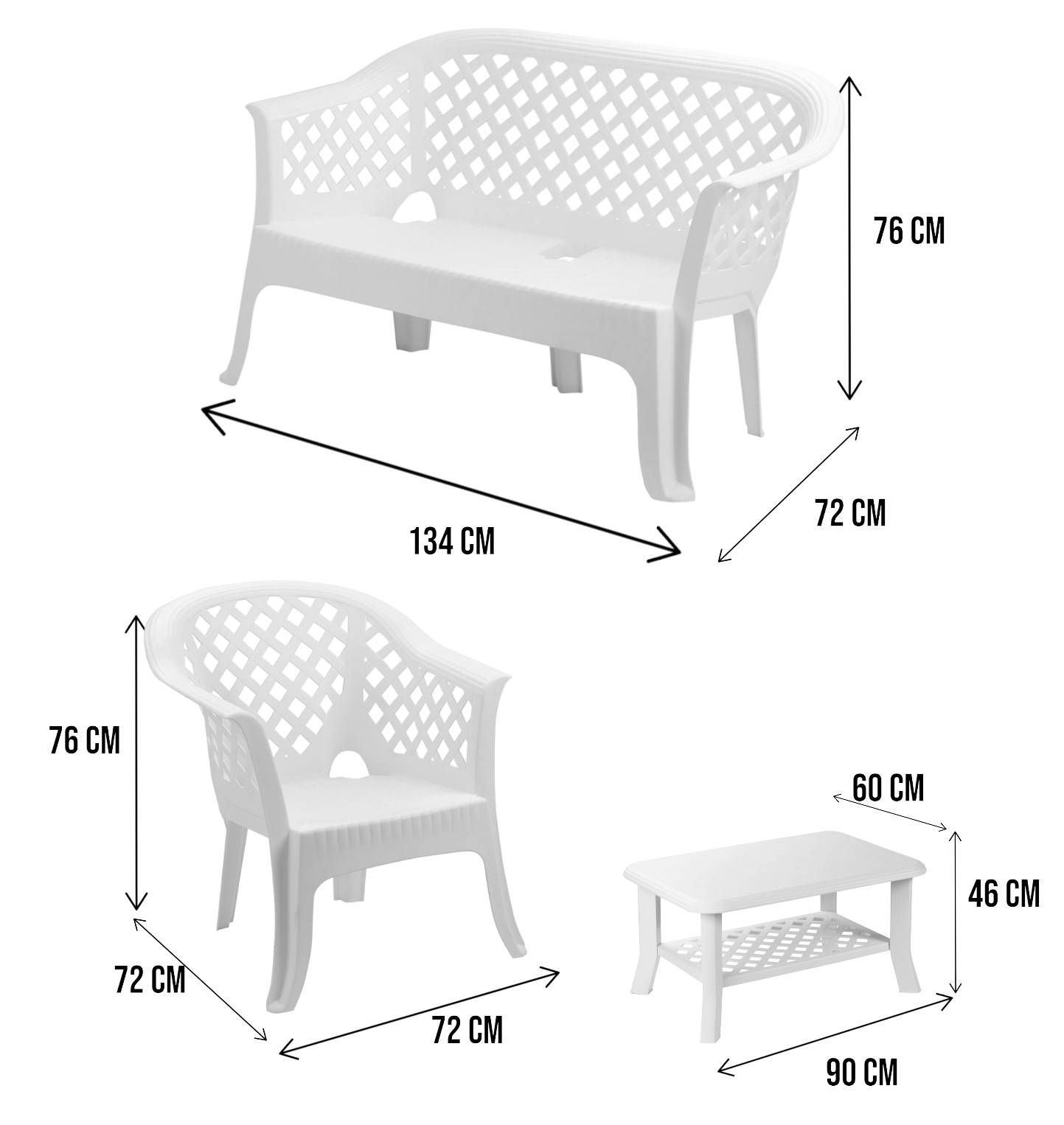 Dmora - Salon d'extérieur Dante, Composition de jardin avec 2 fauteuils, 1 banc et 1 table basse, Salon intérieur et extérieur, Blanc - Dmora - Imagen 3