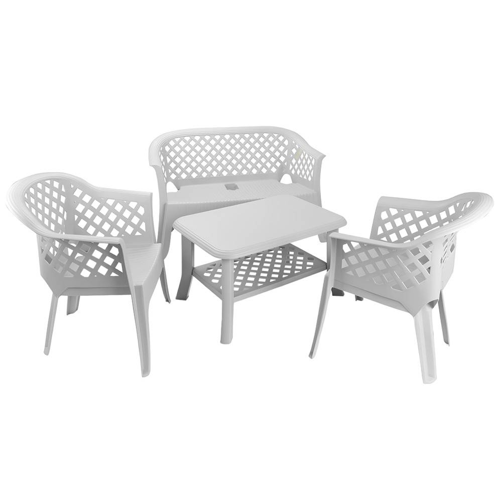 Dmora - Salon d'extérieur Dante, Composition de jardin avec 2 fauteuils, 1 banc et 1 table basse, Salon intérieur et extérieur, Blanc - Dmora - Imagen 1