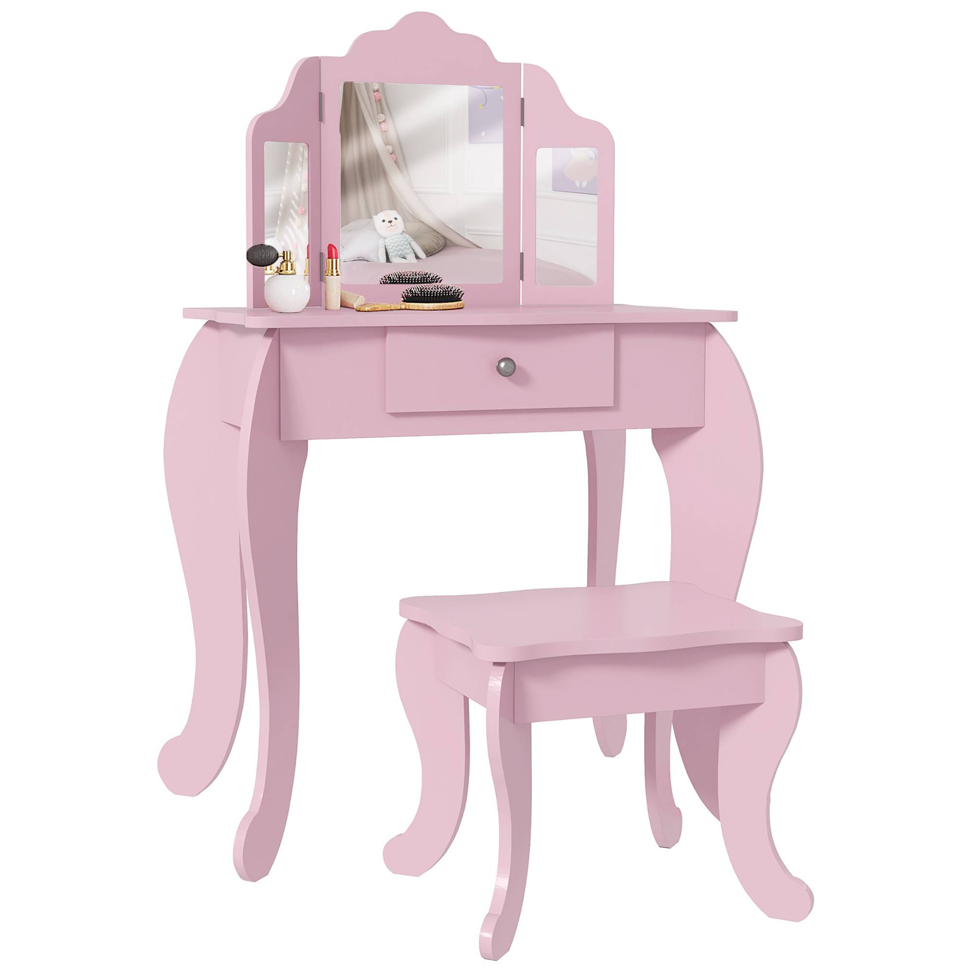 Sans Marque - Coiffeuse pour enfants avec tabouret et miroir réglable, pour filles de 3 à 6 ans, avec tiroir, rose - Image 1