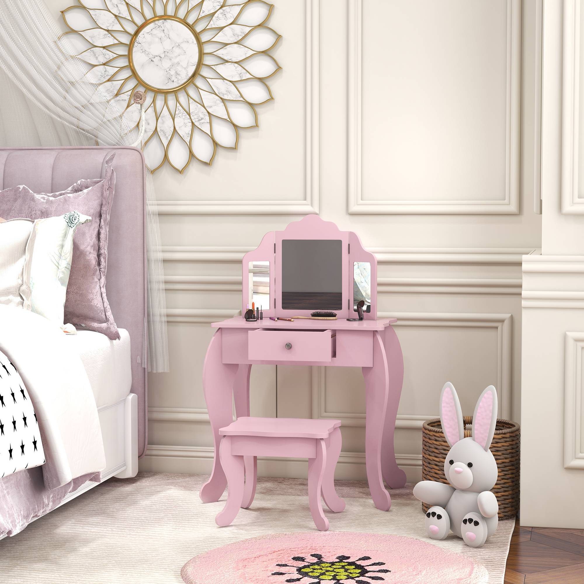 Sans Marque - Coiffeuse pour enfants avec tabouret et miroir réglable, pour filles de 3 à 6 ans, avec tiroir, rose - Image 4