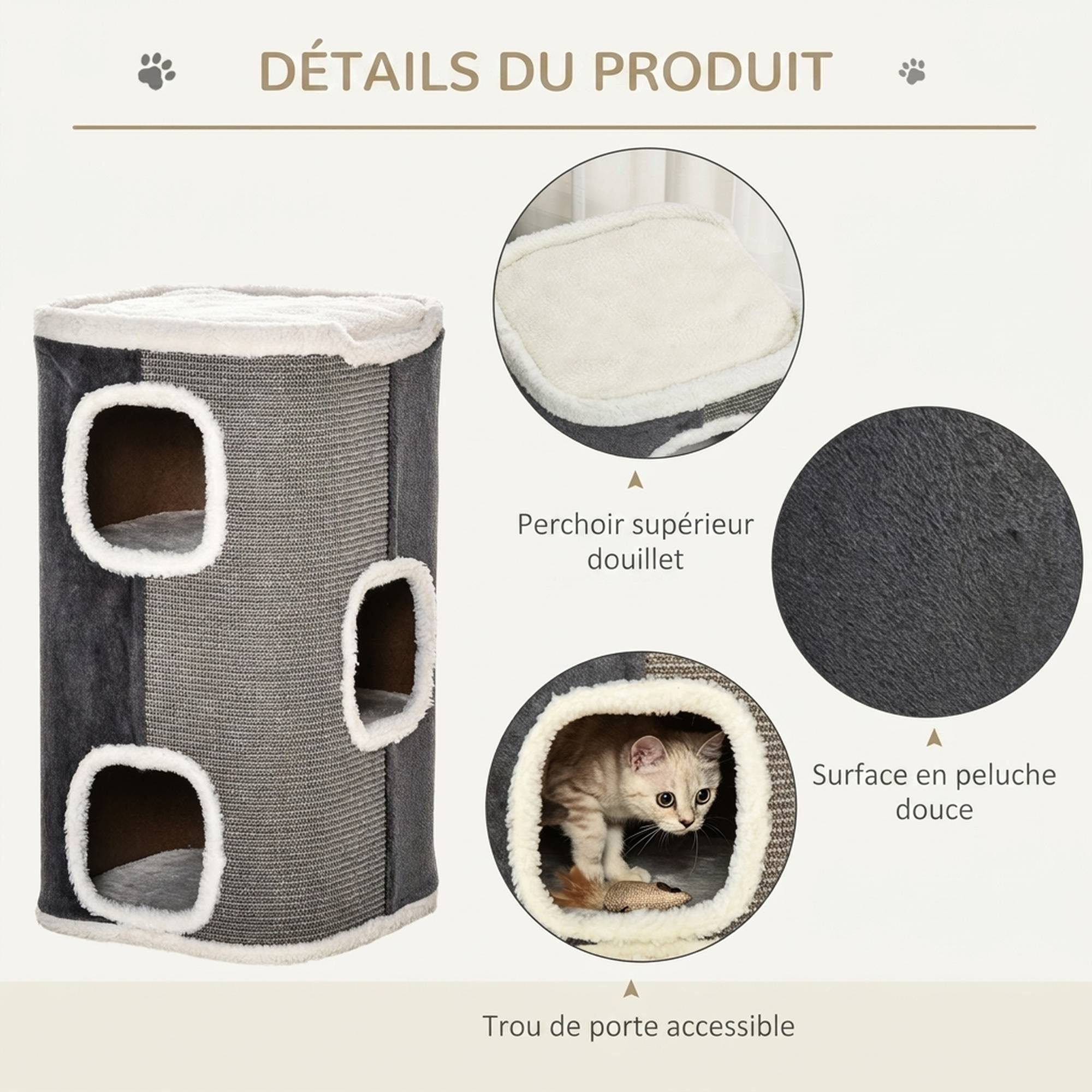 ComfortXL - Tour griffoir pour chat en sisal et peluche gris 40 x 40 x 74 cm avec 3 espaces reliés et couchage doux - Image 6