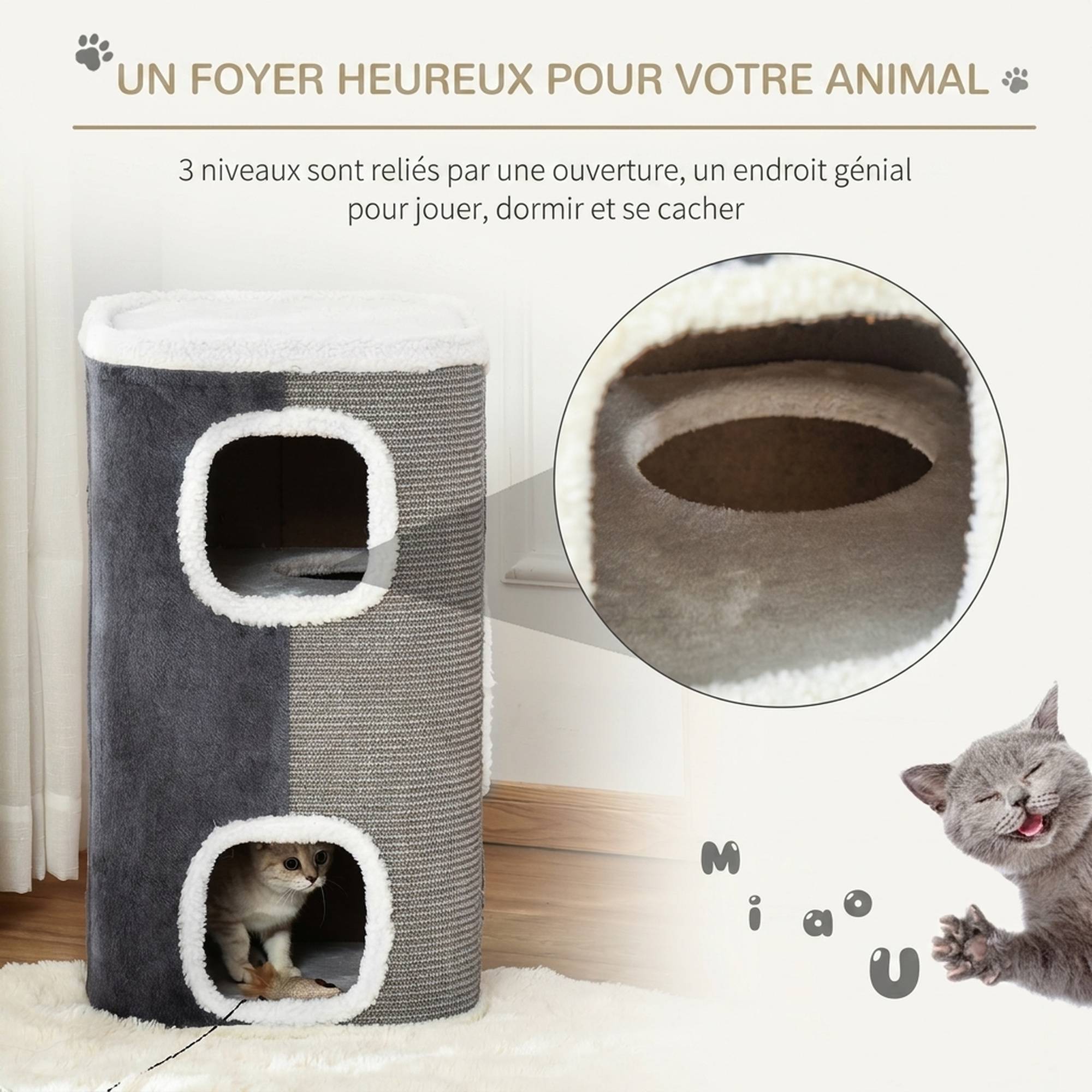 ComfortXL - Tour griffoir pour chat en sisal et peluche gris 40 x 40 x 74 cm avec 3 espaces reliés et couchage doux - Image 4