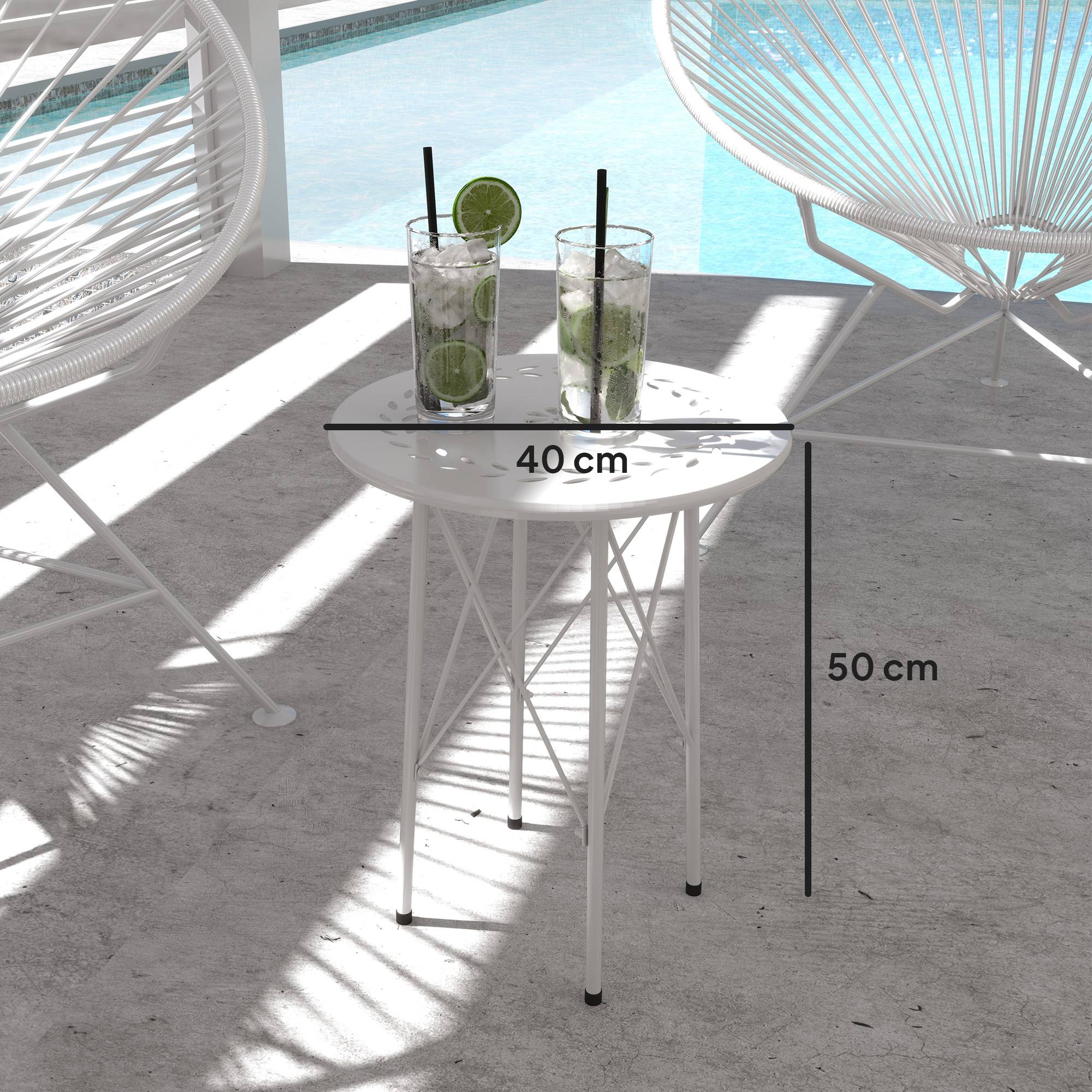 Table de jardin ronde en acier, motif floral et feuillagé, pieds réglables et structure en X, Ø 40 x 50 cm, blanche - Image 5