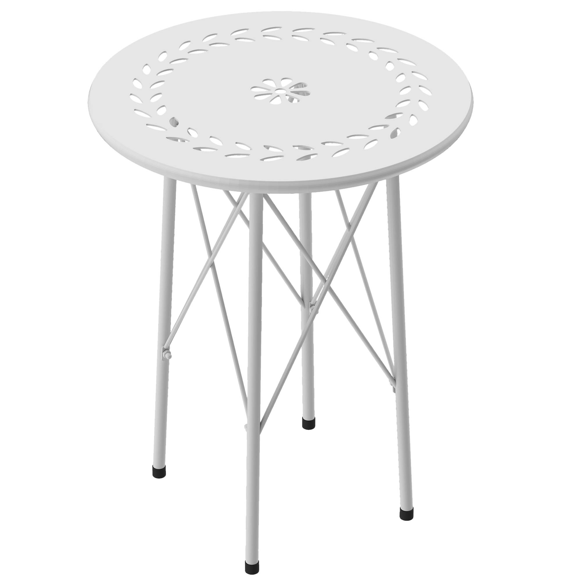 Table de jardin ronde en acier, motif floral et feuillagé, pieds réglables et structure en X, Ø 40 x 50 cm, blanche - Image 2