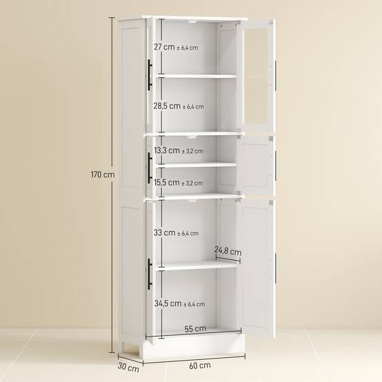 Meuble salle de bain 6 niveaux avec portes vitrées et étagères réglables, colonne rangement blanc moderne - Image 5