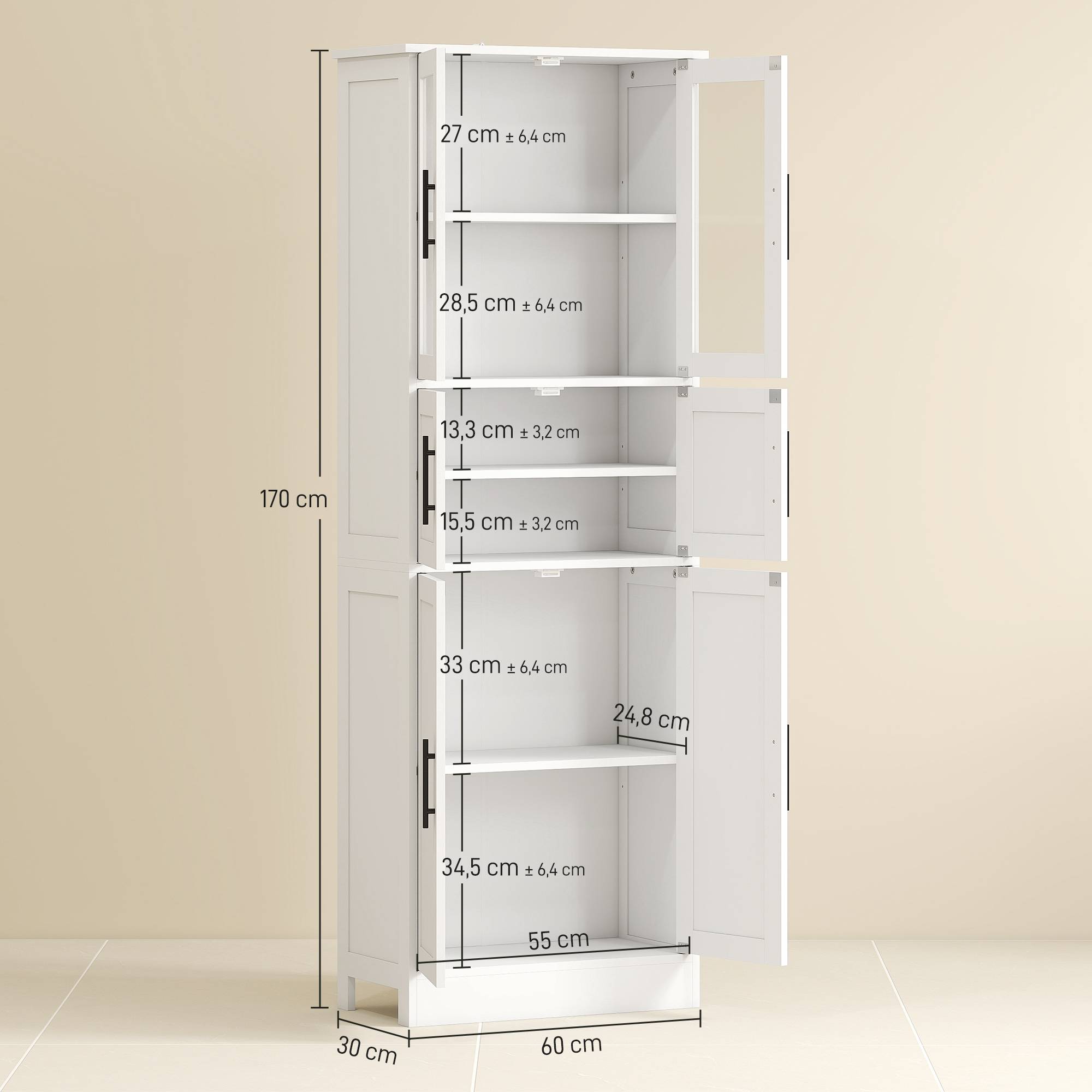 Meuble salle de bain 6 niveaux avec portes vitrées et étagères réglables, colonne rangement blanc moderne - Image 5