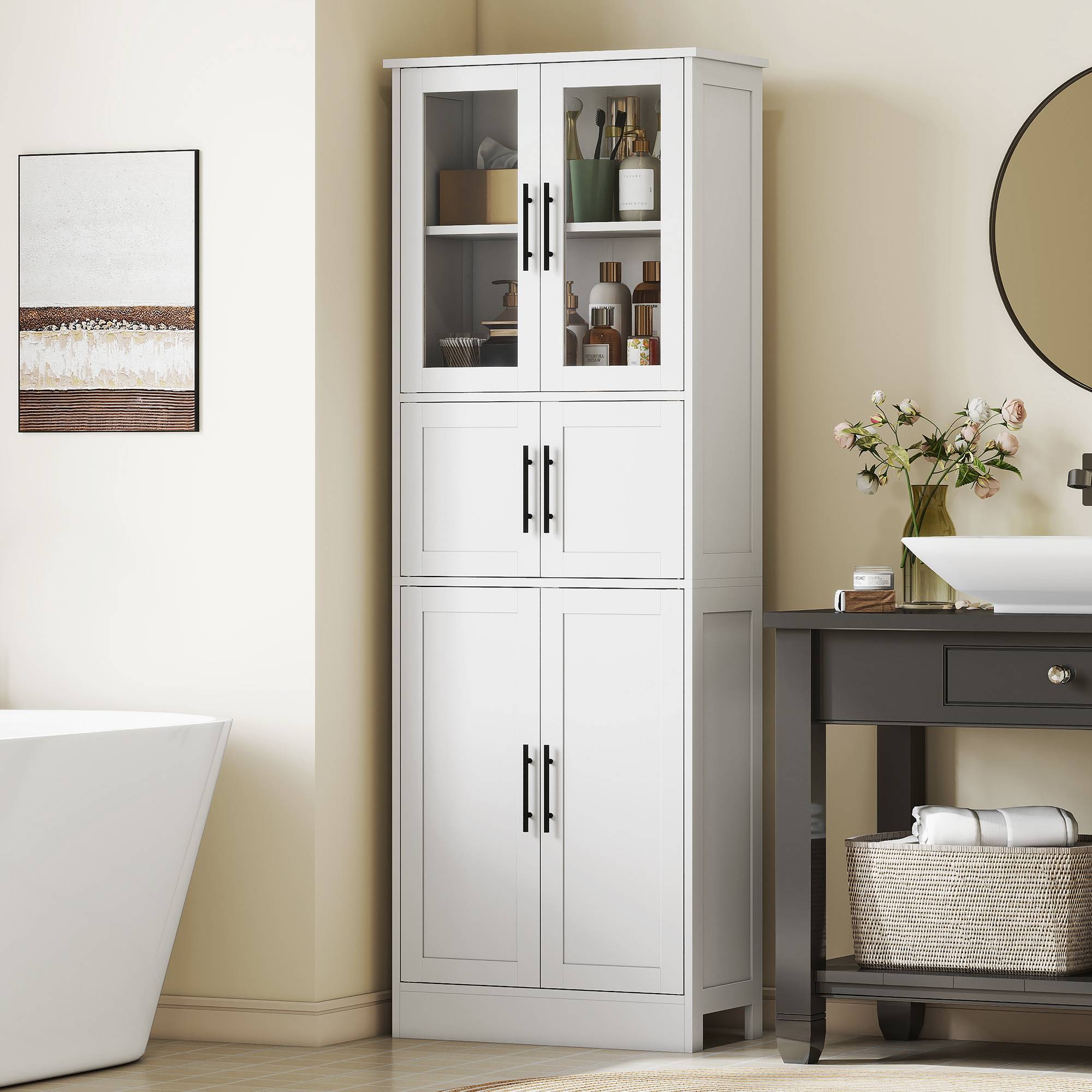 Meuble salle de bain 6 niveaux avec portes vitrées et étagères réglables, colonne rangement blanc moderne - Image 4