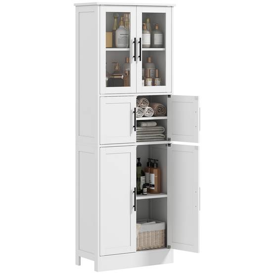 Meuble salle de bain 6 niveaux avec portes vitrées et étagères réglables, colonne rangement blanc moderne - Image 2