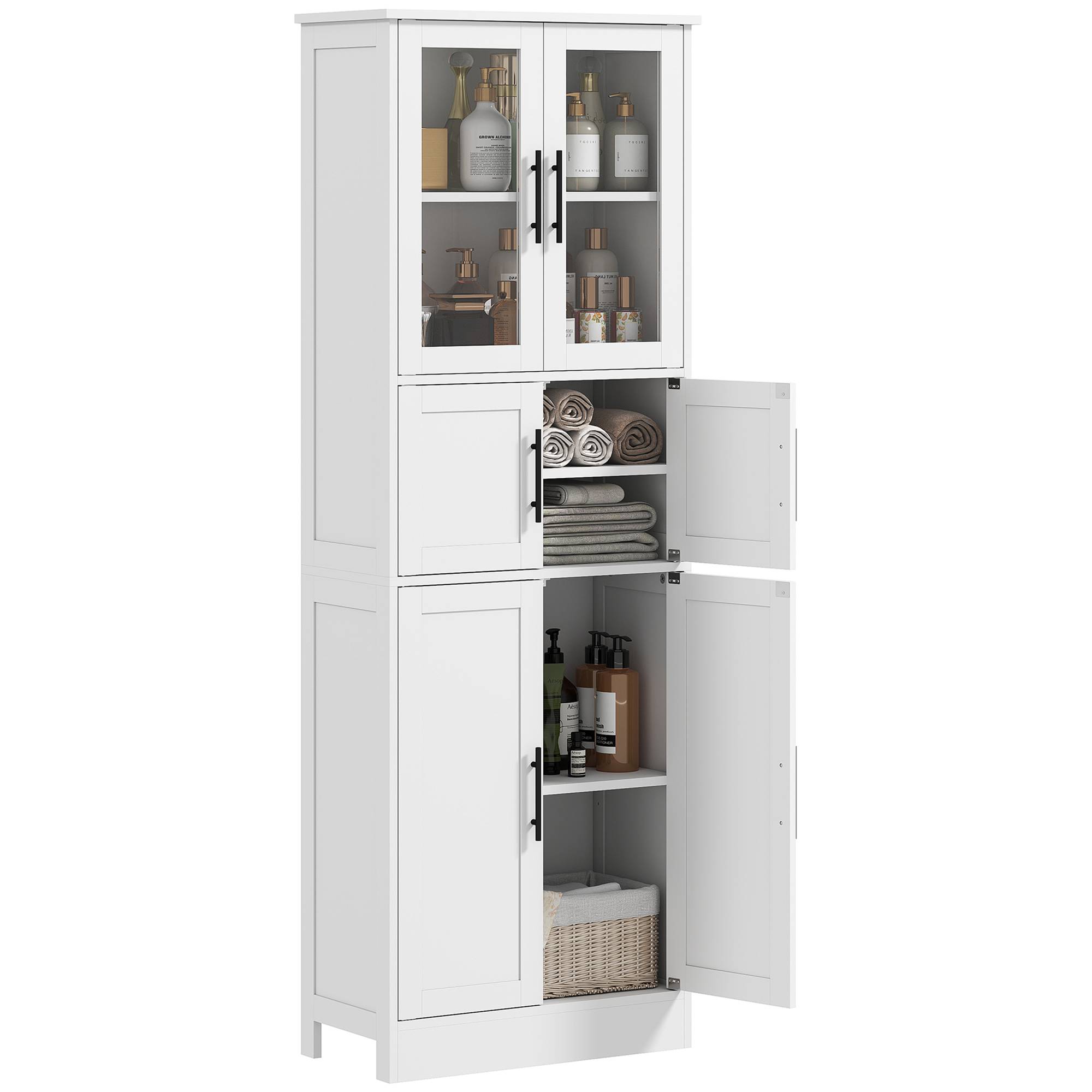 Meuble salle de bain 6 niveaux avec portes vitrées et étagères réglables, colonne rangement blanc moderne - Image 2