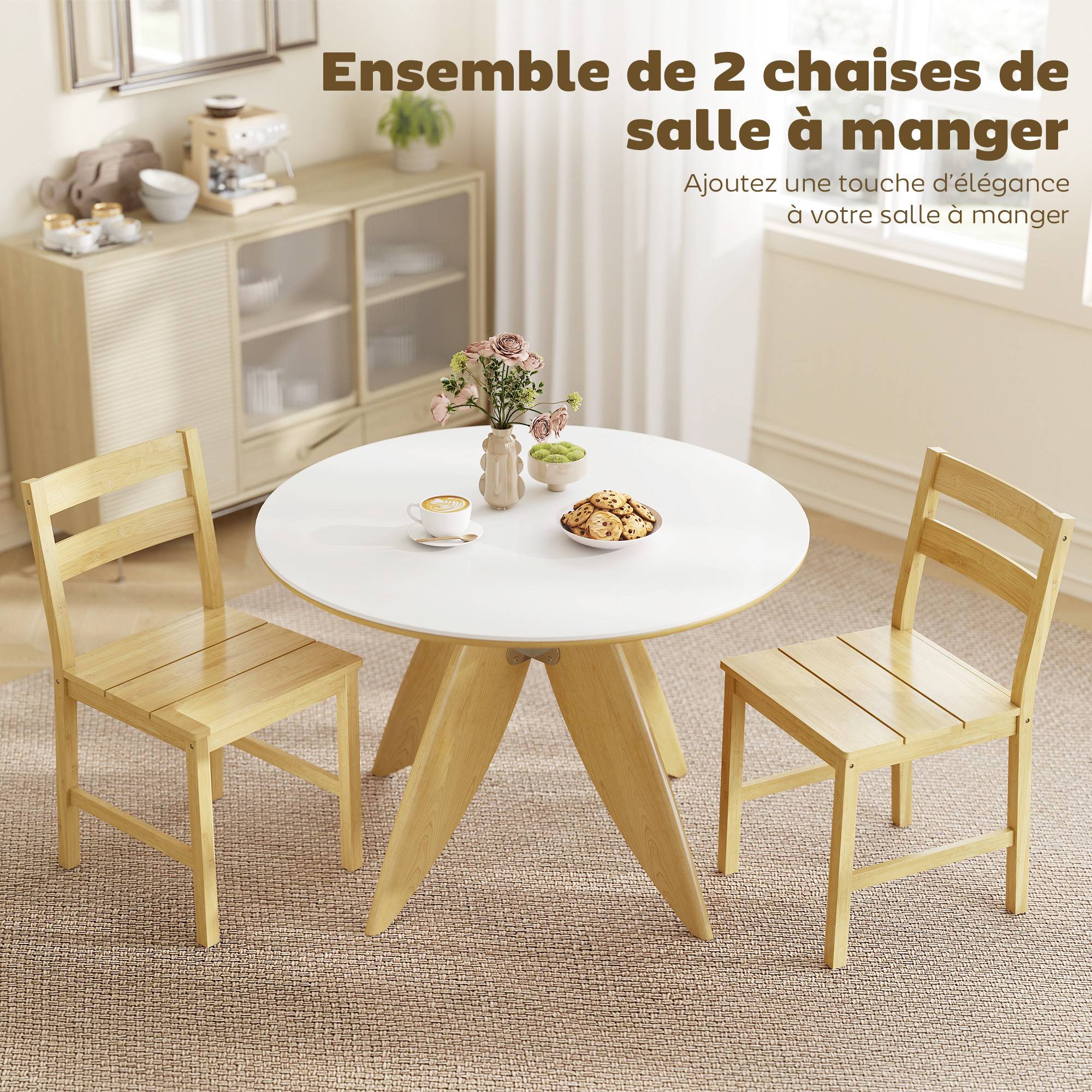 Lot de 2 chaises de salle à manger en bambou, chaises de cuisine sans accoudoirs avec assise à lattes, bois naturel - Image 6