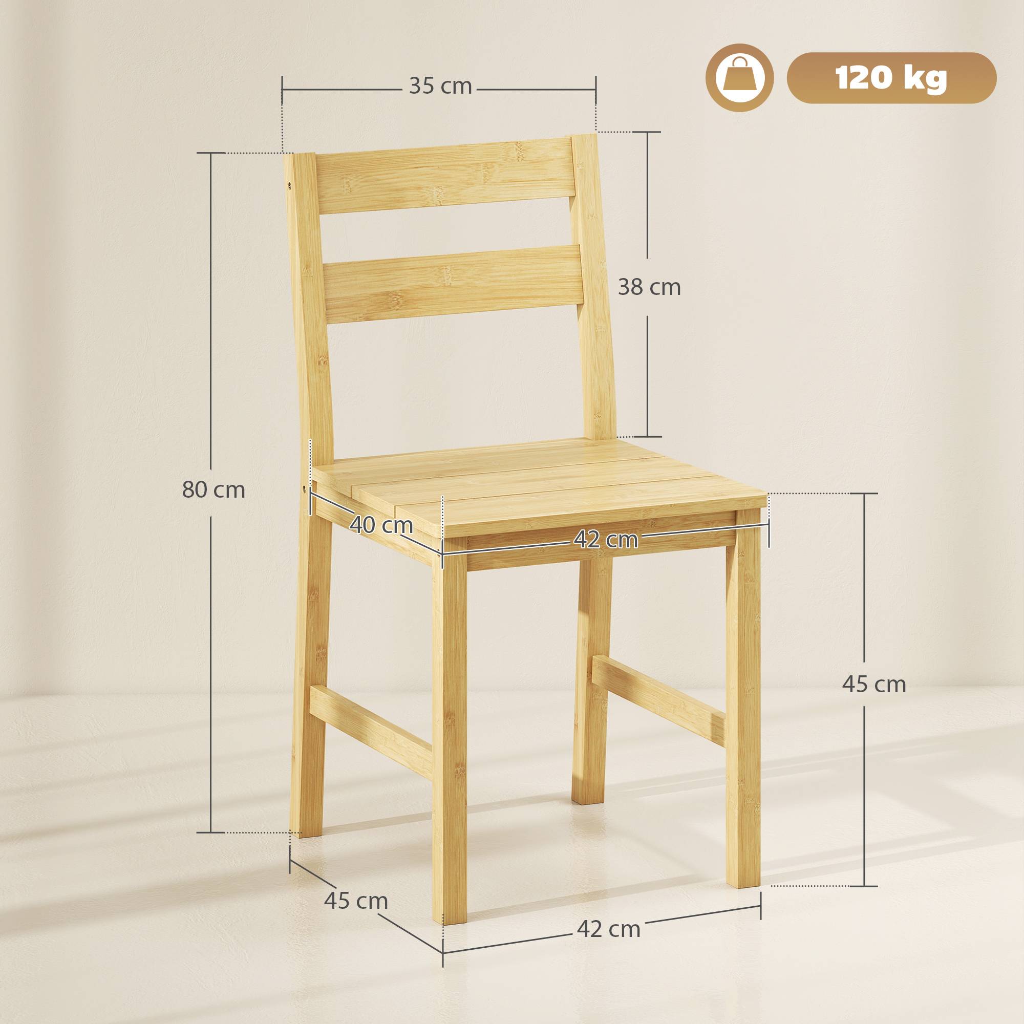 Lot de 2 chaises de salle à manger en bambou, chaises de cuisine sans accoudoirs avec assise à lattes, bois naturel - Image 5