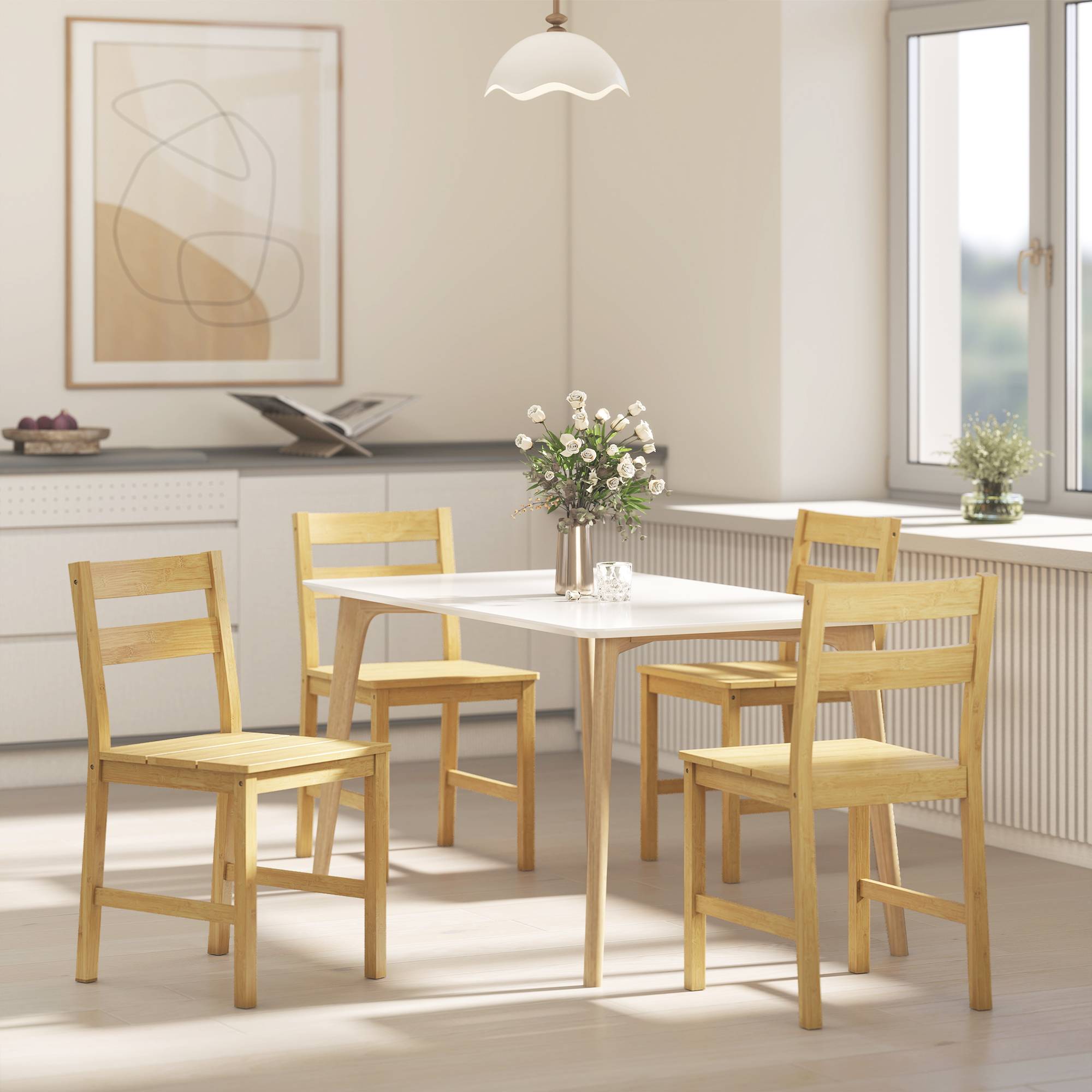Lot de 2 chaises de salle à manger en bambou, chaises de cuisine sans accoudoirs avec assise à lattes, bois naturel - Image 9