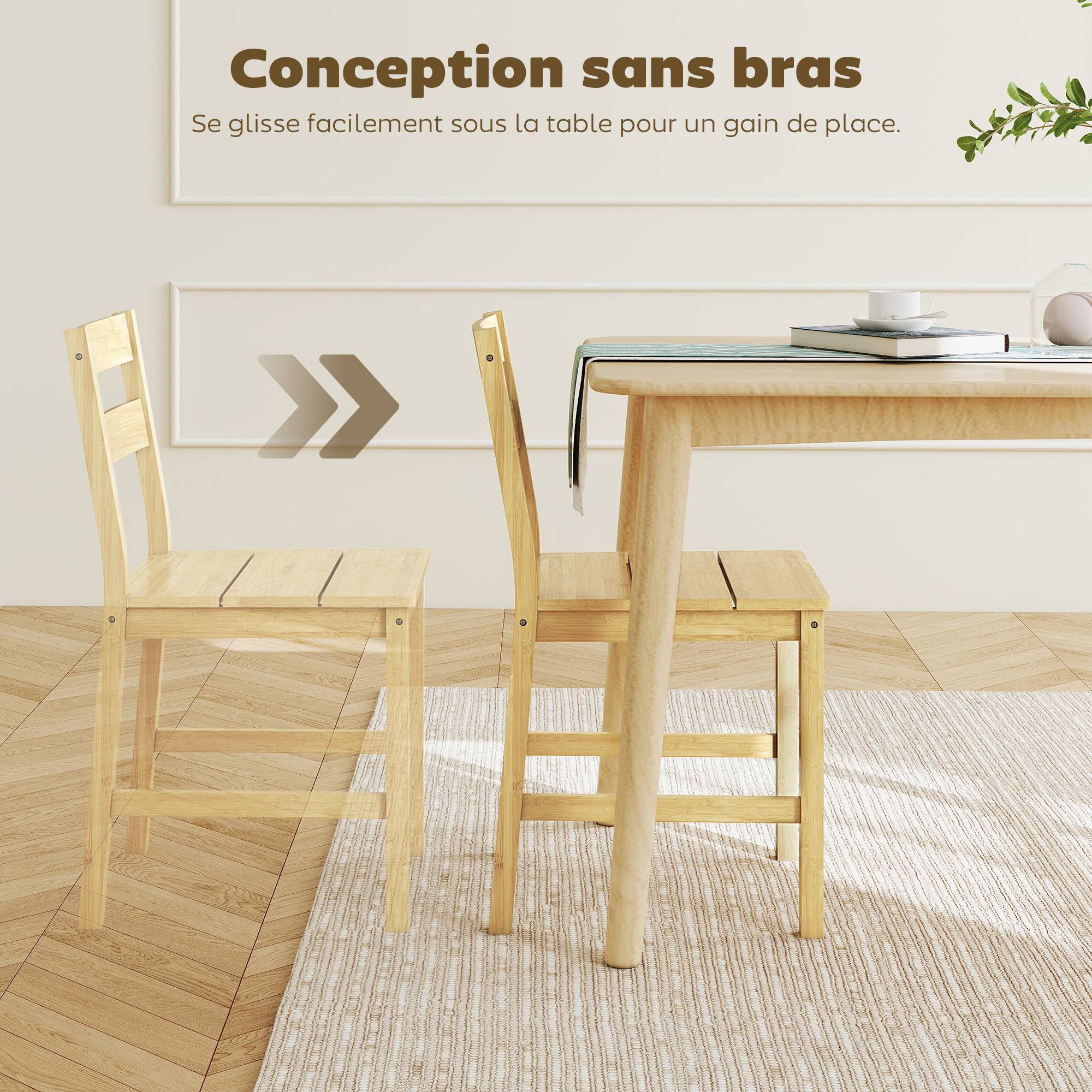 Lot de 2 chaises de salle à manger en bambou, chaises de cuisine sans accoudoirs avec assise à lattes, bois naturel - Image 8
