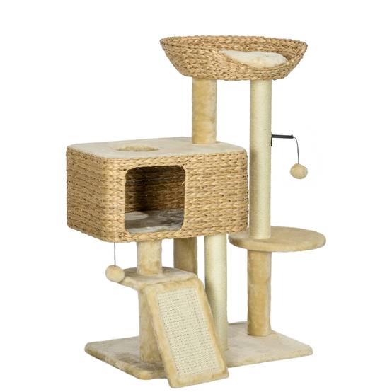Arbre à chat 98 cm avec 2 plateformes, griffoir et balle pour chats jusqu'à 6 kg, mobilier pour chat, sisal, beige - Image 1