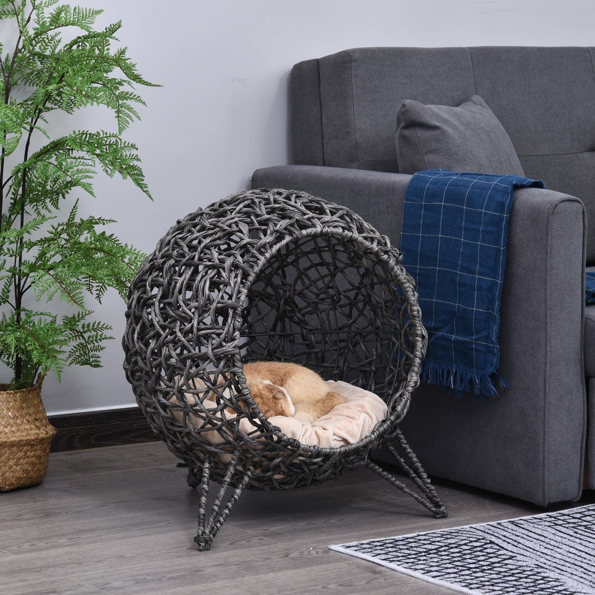 Niche chat en rotin surélevée avec coussin, Ø52x58 cm, gris argenté - Image 3