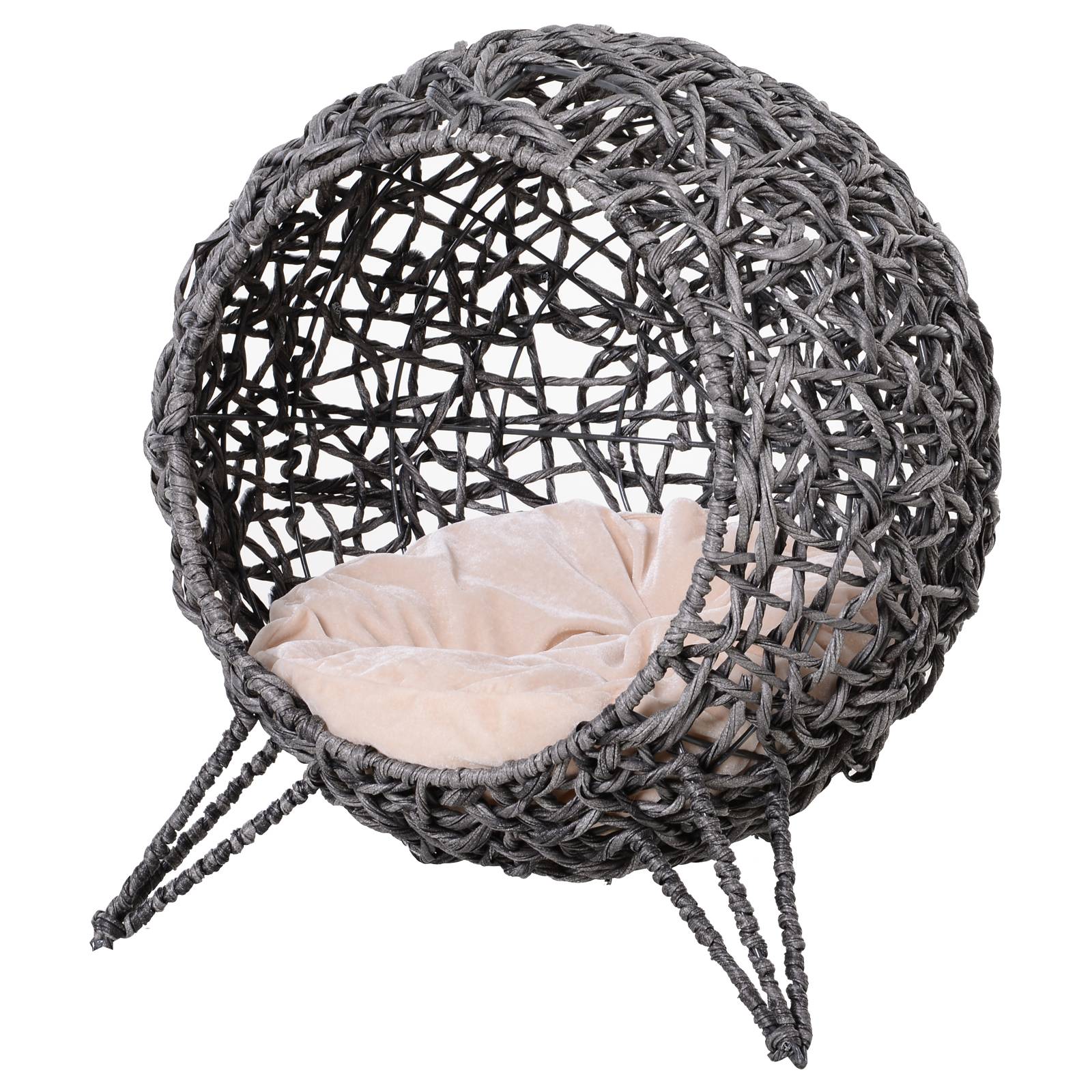 Niche chat en rotin surélevée avec coussin, Ø52x58 cm, gris argenté - Image 2