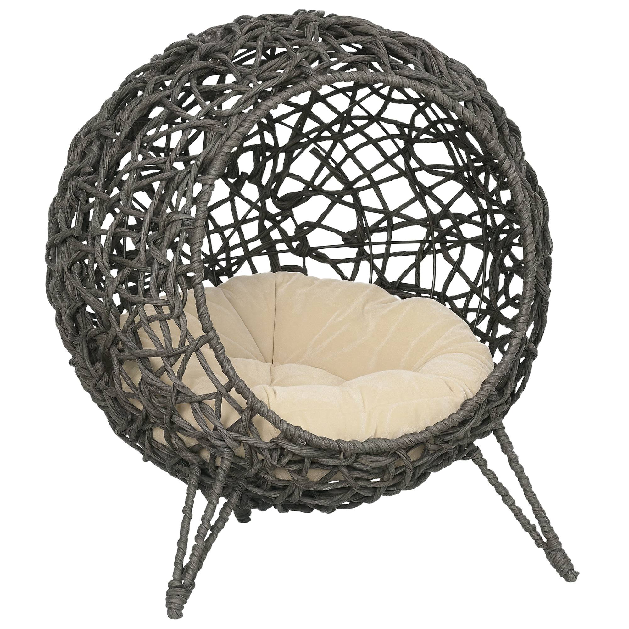 Niche chat en rotin surélevée avec coussin, Ø52x58 cm, gris argenté - Image 1