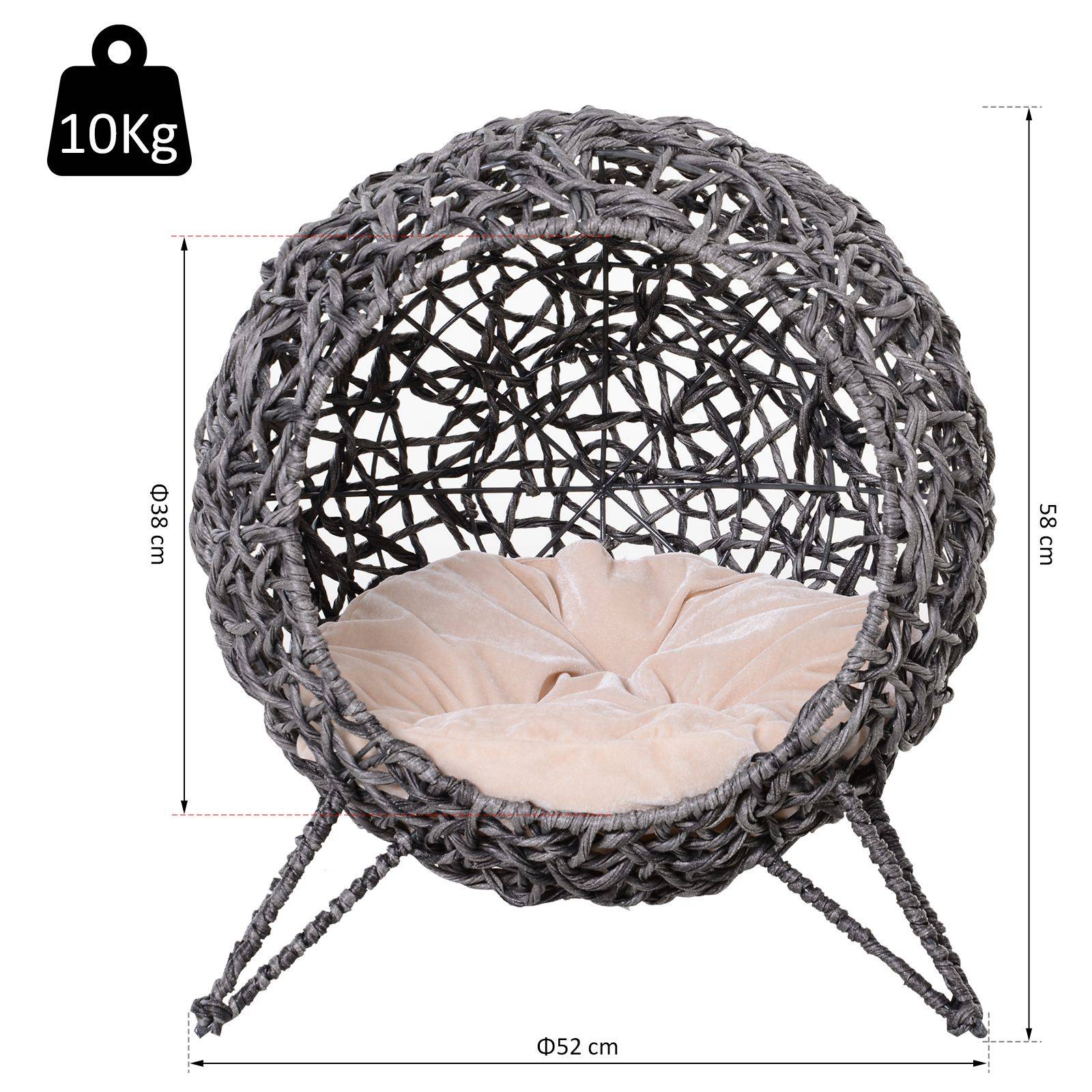 Niche chat en rotin surélevée avec coussin, Ø52x58 cm, gris argenté - Image 5