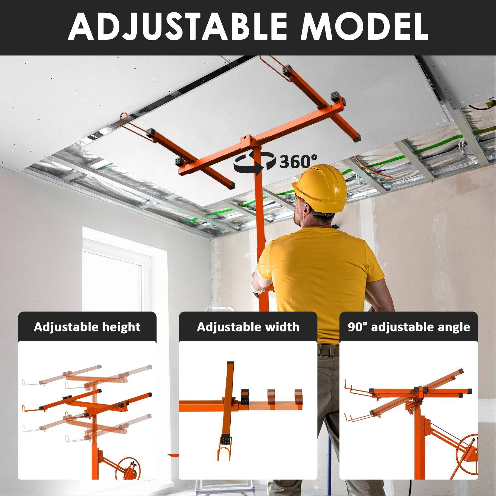 Élévateur de plaques de plâtre XXL, orange - Capacité de charge 68 kg, hauteur réglable de 140 à 325 cm - Aide à la pose de plaques de plâtre - Image 4