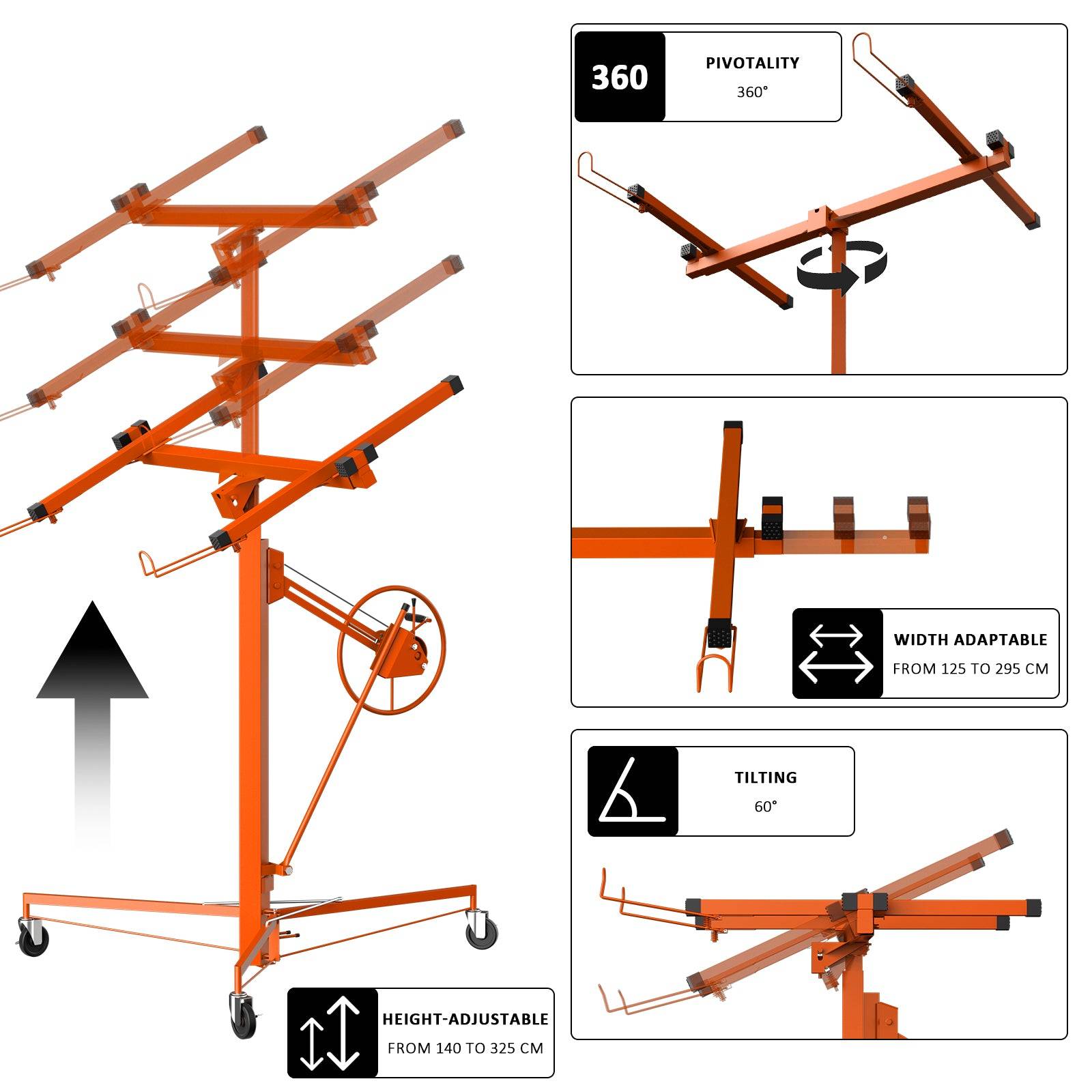 Élévateur de plaques de plâtre XXL, orange - Capacité de charge 68 kg, hauteur réglable de 140 à 325 cm - Aide à la pose de plaques de plâtre - Image 5