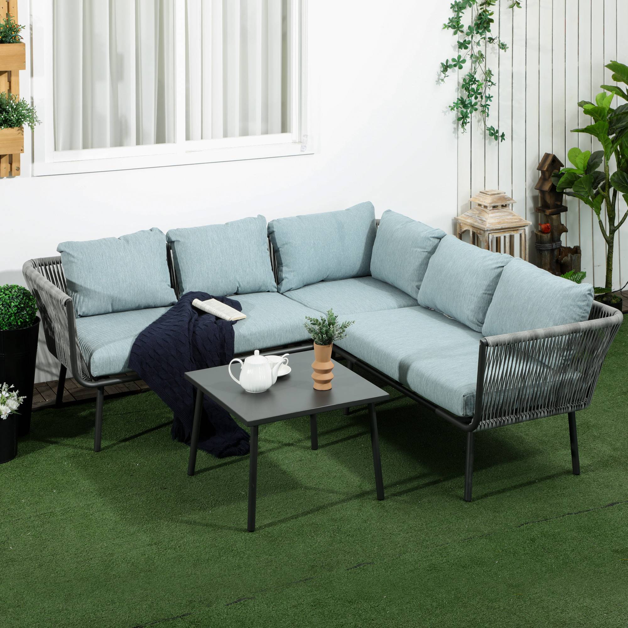 Outsunny - Salon de jardin d'angle 5 places 4 pièces coussins inclus alu. résine tressée gris - Outsunny - Imagen 2