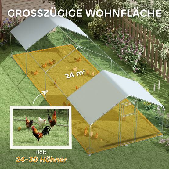 Poulailler, enclos pour poules élevées en plein air, avec bâche résistante aux UV, grillage en acier, mangeoire automatique, pour 24 à 30 poules - Image 6