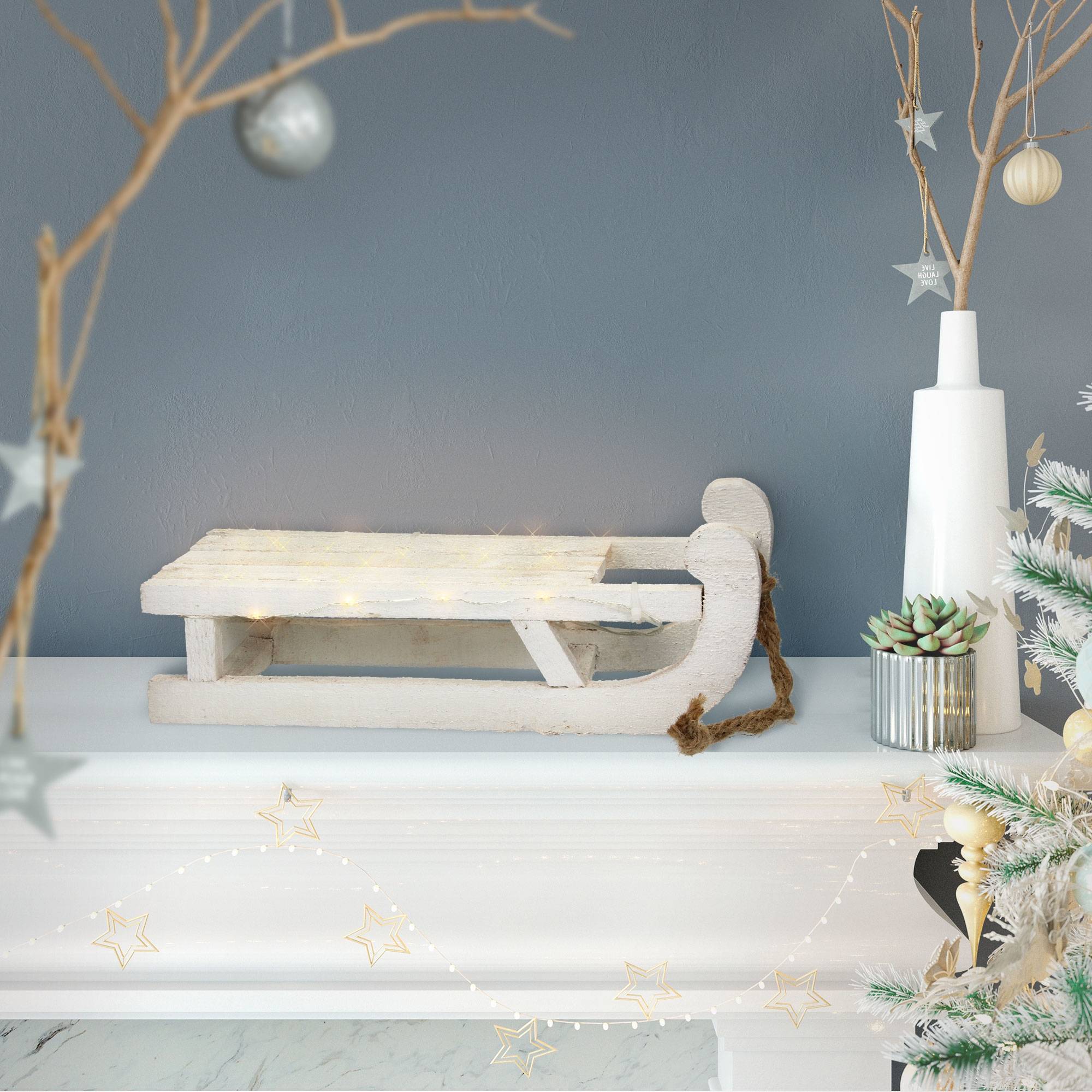 Ecd-Germany - Traîneau décoratif avec guirlande 25 LED décoration de Noël bois blanc 31,5 cm - Imagen 8