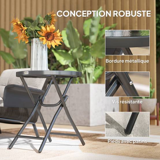 ComfortXL - Table basse ronde bistro métal verre pour jardin balcon pliable compacte Ø60cm noir - ComfortXL Outdoor Living - Image 9