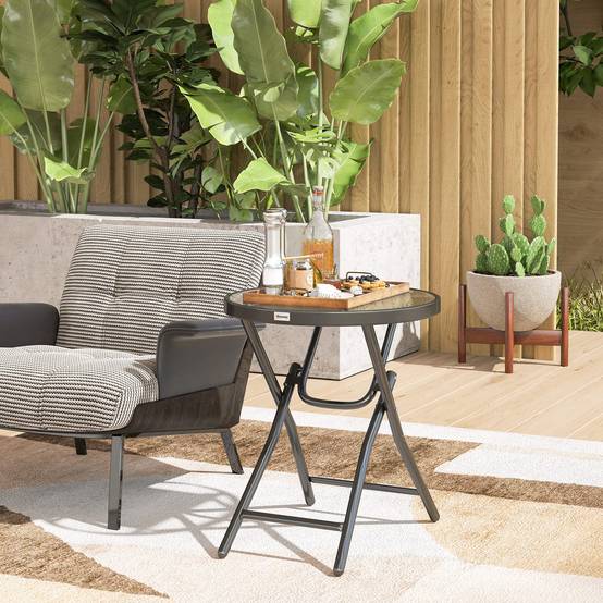 ComfortXL - Table basse ronde bistro métal verre pour jardin balcon pliable compacte Ø60cm noir - ComfortXL Outdoor Living - Image 4