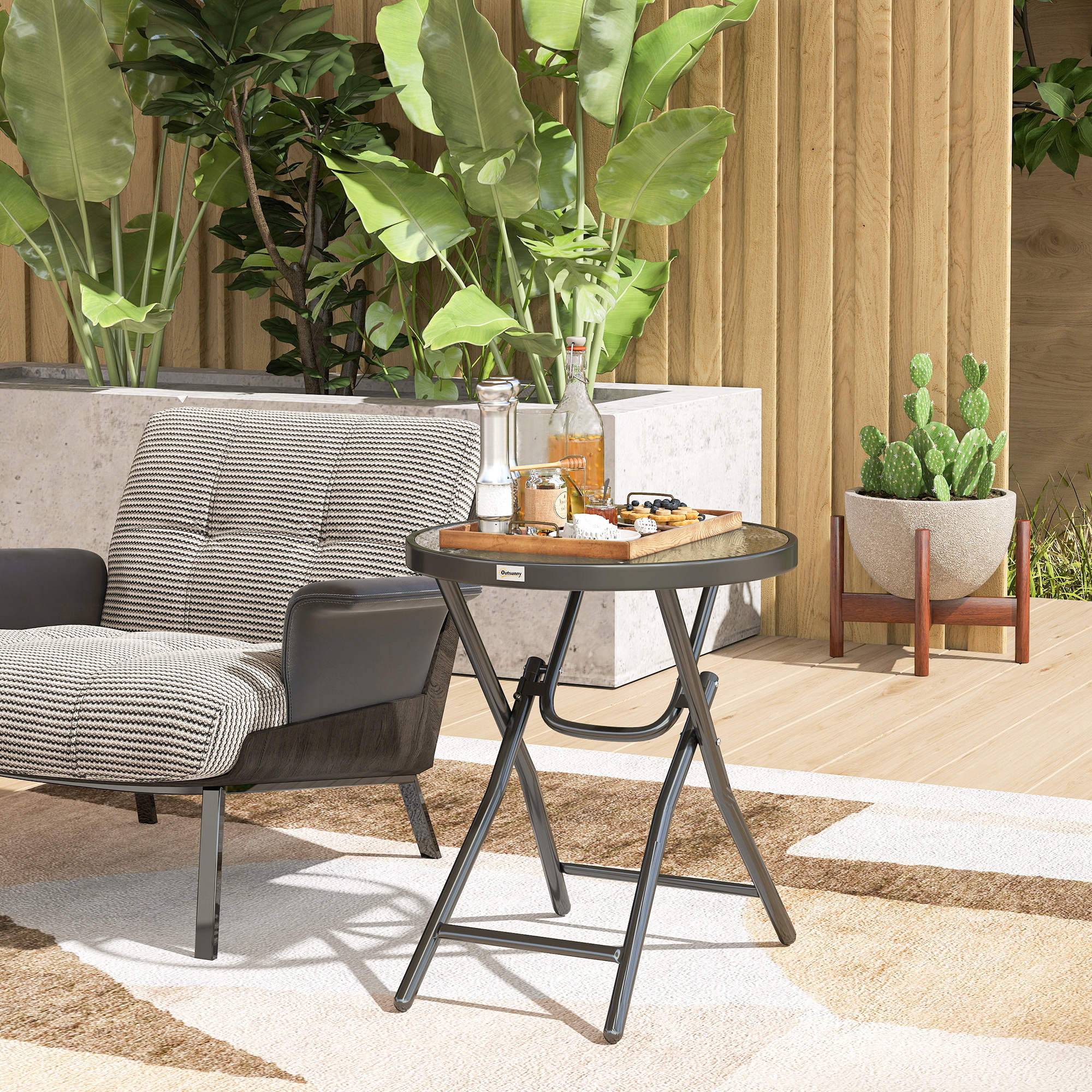 ComfortXL - Table basse ronde bistro métal verre pour jardin balcon pliable compacte Ø60cm noir - ComfortXL Outdoor Living - Image 4