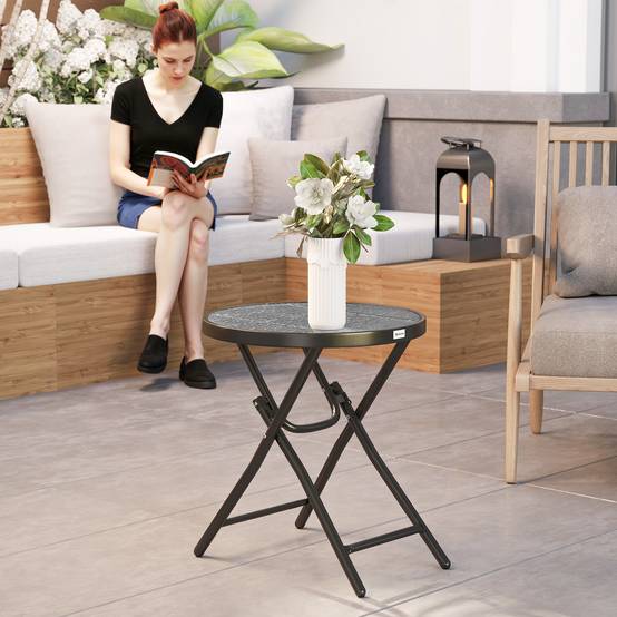 ComfortXL - Table basse ronde bistro métal verre pour jardin balcon pliable compacte Ø60cm noir - ComfortXL Outdoor Living - Image 3