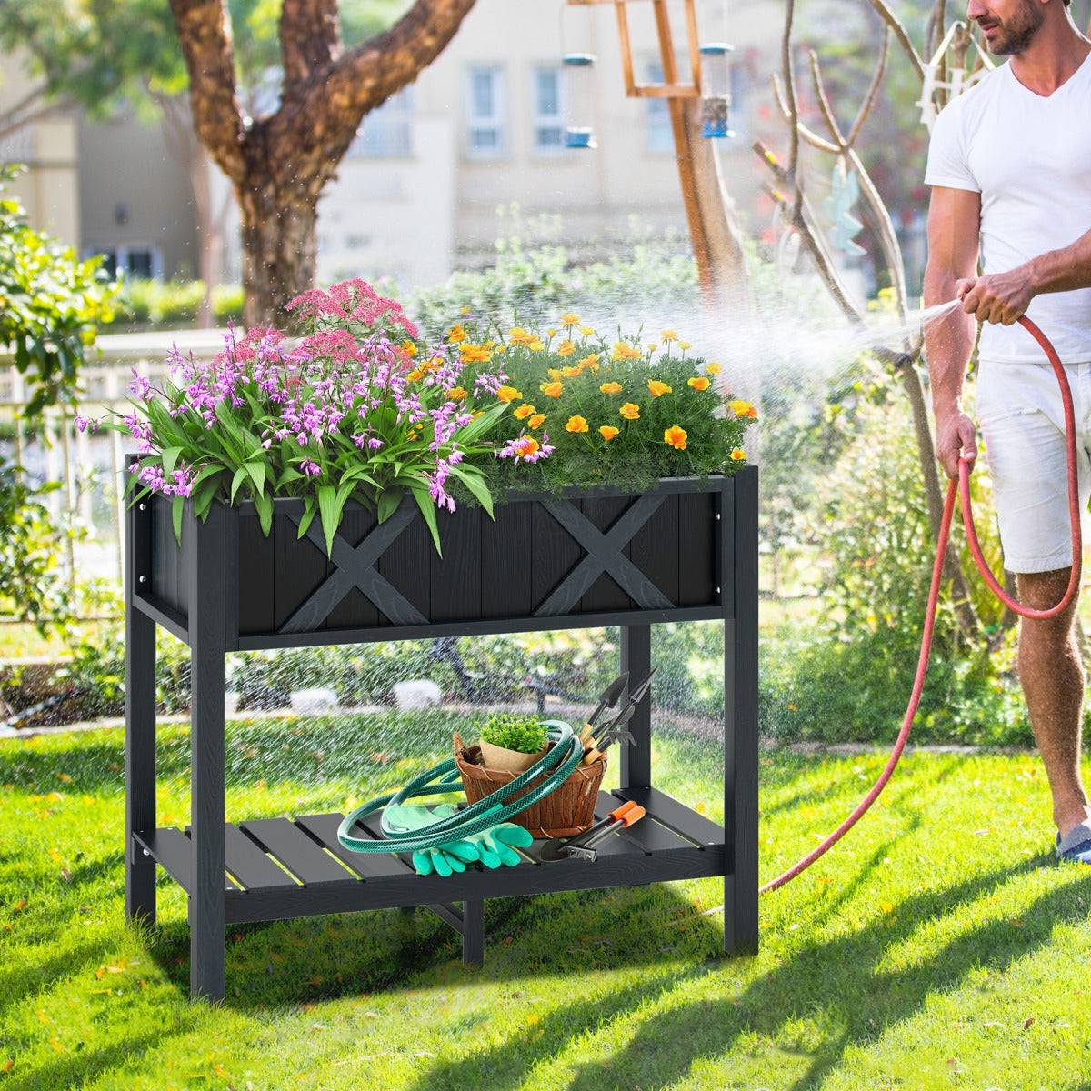 Helloshop26 - Jardinière surélevé en hips trous de drainage étagère de rangement inférieure barres transversales renforcées noir - Imagen 2