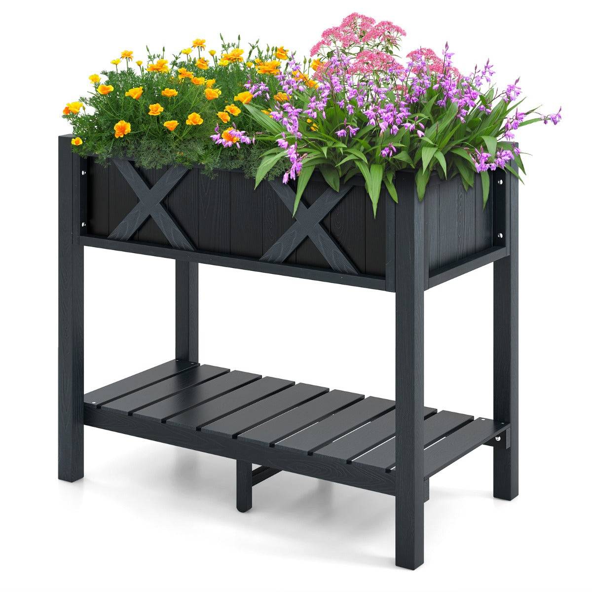 Helloshop26 - Jardinière surélevé en hips trous de drainage étagère de rangement inférieure barres transversales renforcées noir - Imagen 1
