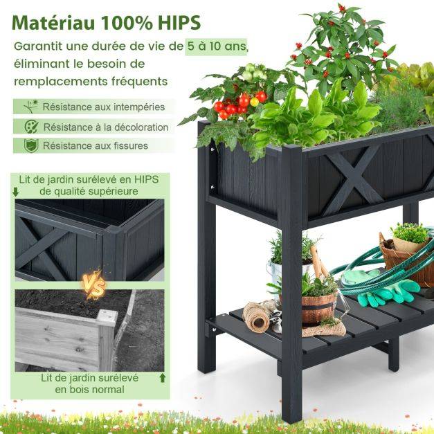 Helloshop26 - Jardinière surélevé en hips trous de drainage étagère de rangement inférieure barres transversales renforcées noir - Imagen 4